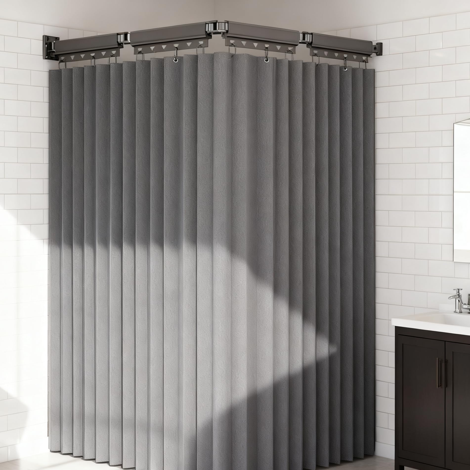 Barra de cortina de ducha plegable con forro, ahorro de espacio sin taladrar para bañera o soporte, montaje en pared fijo, 70.8 x 78.7 pulgadas, fácil instalación
