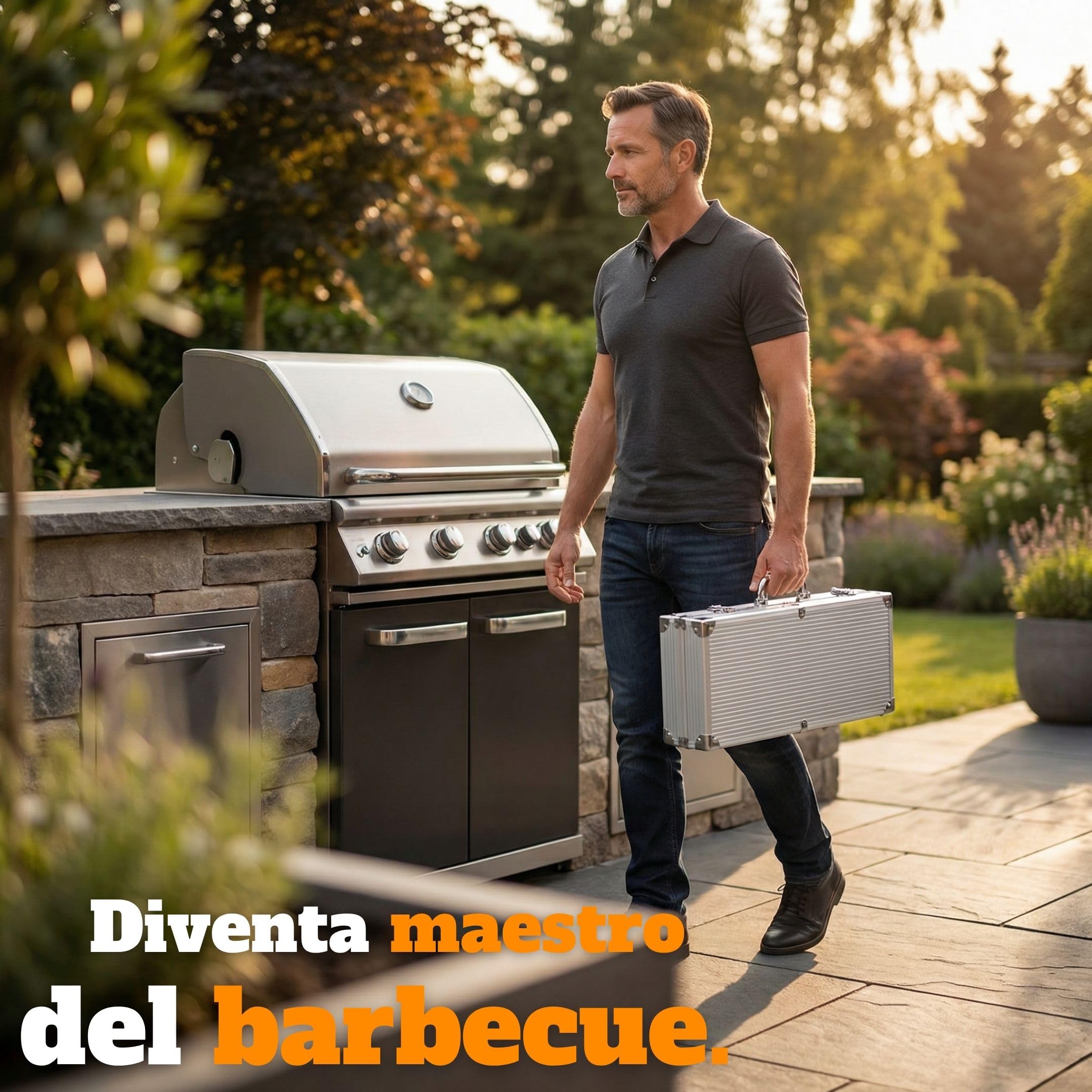 Set attrezzi barbecue per uomo in acciaio inox nella valigetta in metallo