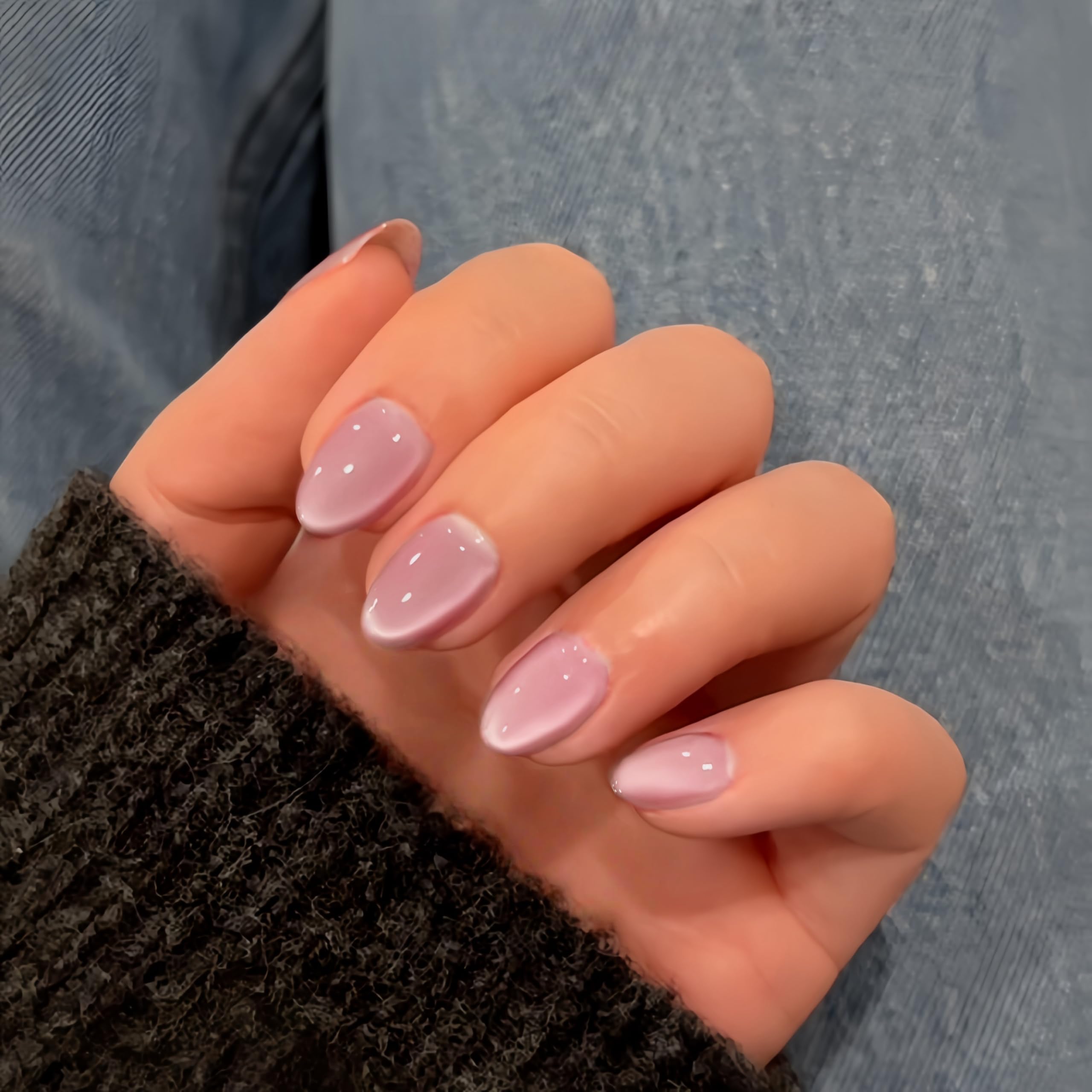 SXVME Soft Gel Press on Nails Extra Short Oval, 30 Pcs Pastel Pink Cat Eye False Nails Short Almond - Image 2