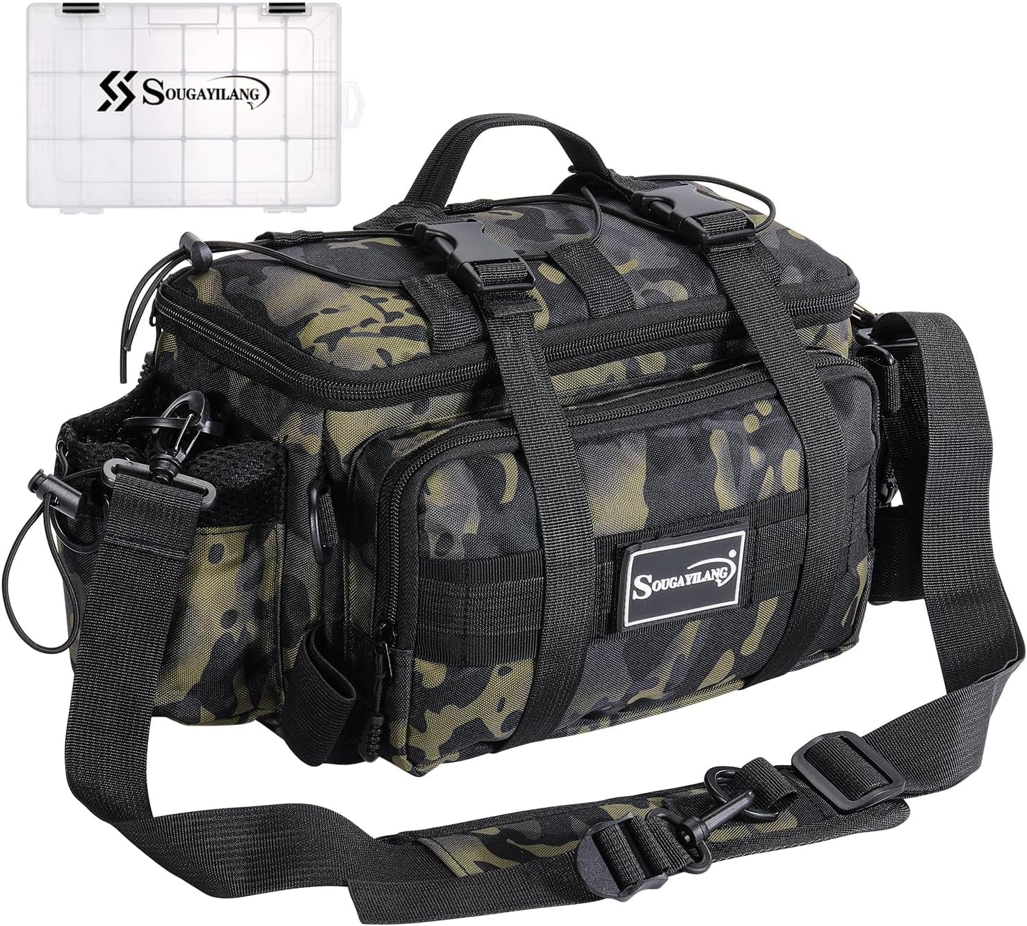 Sougayilang Bolsa de pesca para aparejos y equipo de pesca para agua salada o dulce. Almacena cebo, comida para peces, carretes, etc. Correa acolchada para el hombro.