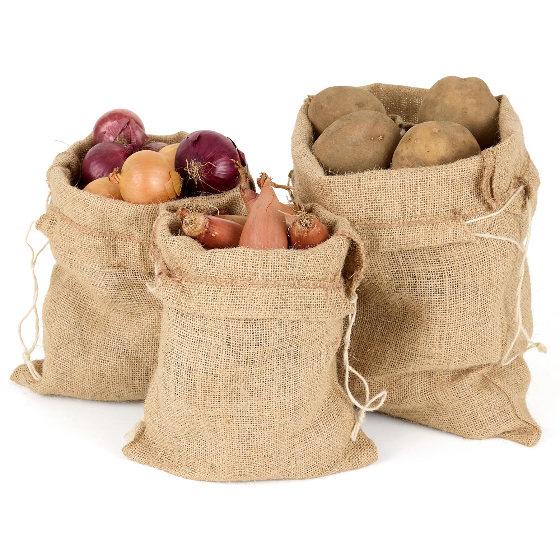 La Cordeline 3 Sacs Toile Jute Naturel Stockage Légumes Pomme de Terre Oignons Cordon Serrage 3 Tailles S M L