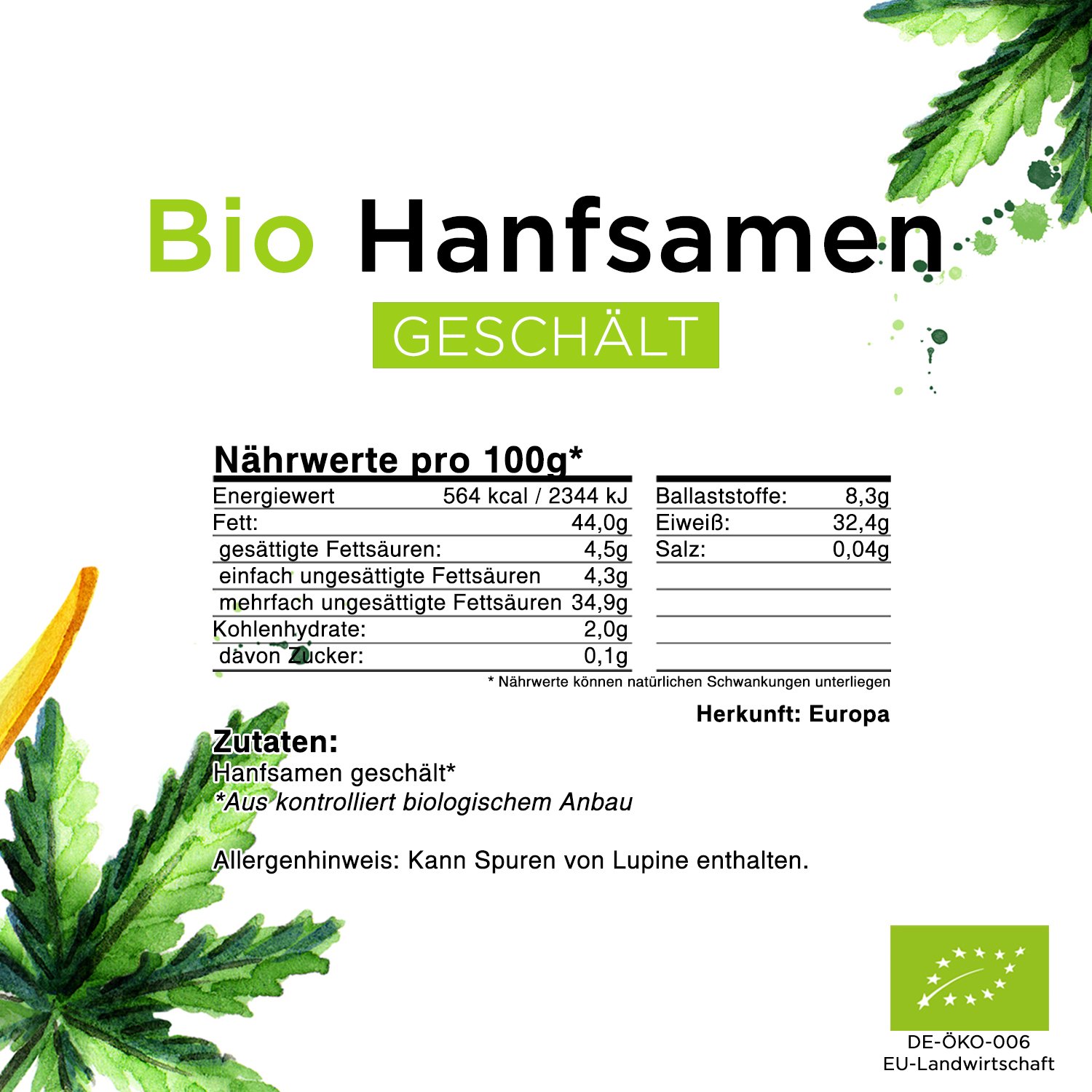 Bio Hanfsamen geschält 1000g aus Europa, reich an Omega-3-6-9 Fettsäuren, 32% Eiweiß, Rohkostqualität, Glutenfrei