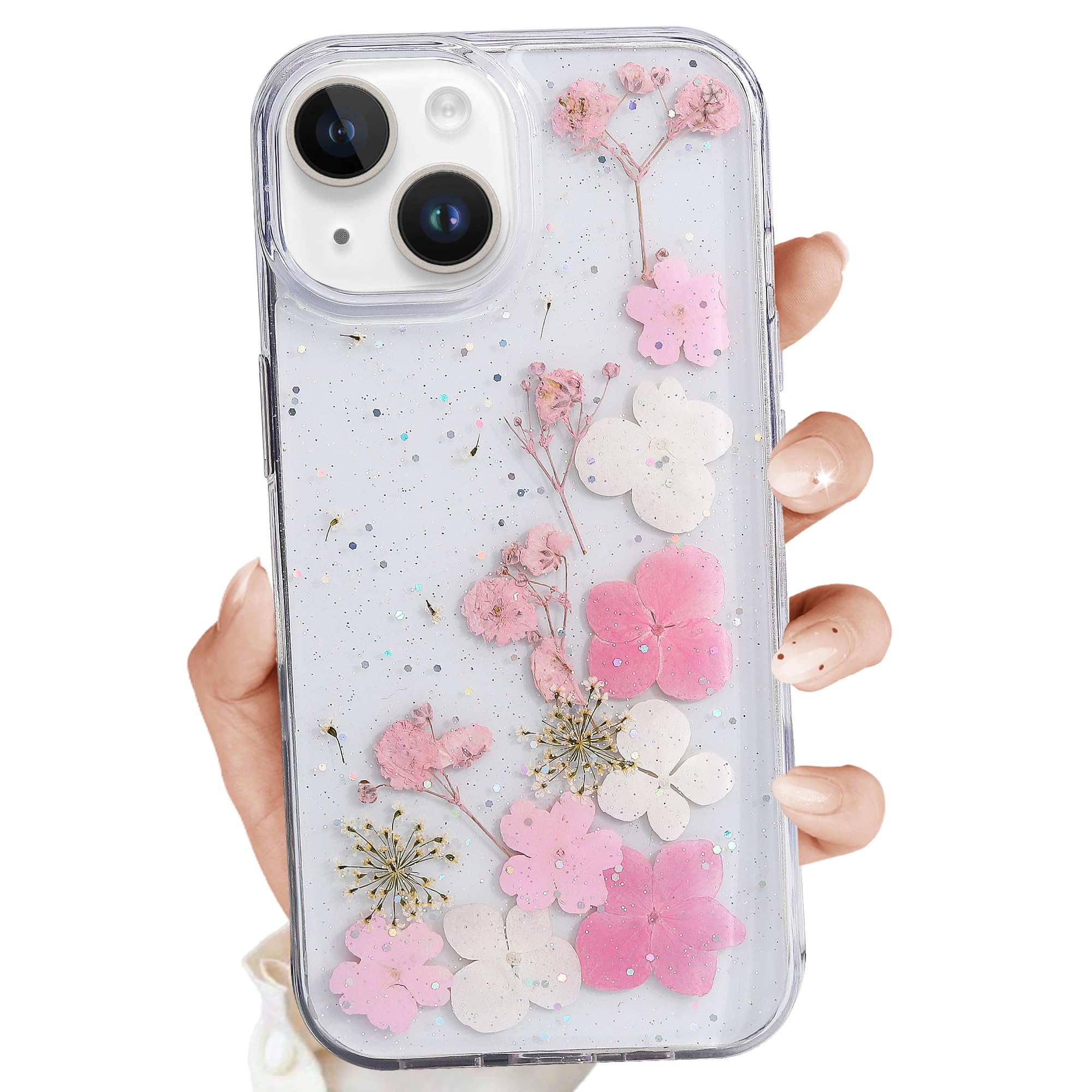 for iPhone 14 Plus Clear Case,Aesthetic Floral Phone Case with Pressed Real Flowers Design,Glitter Cute Floral Pattern Women's Phone Case Slim Soft