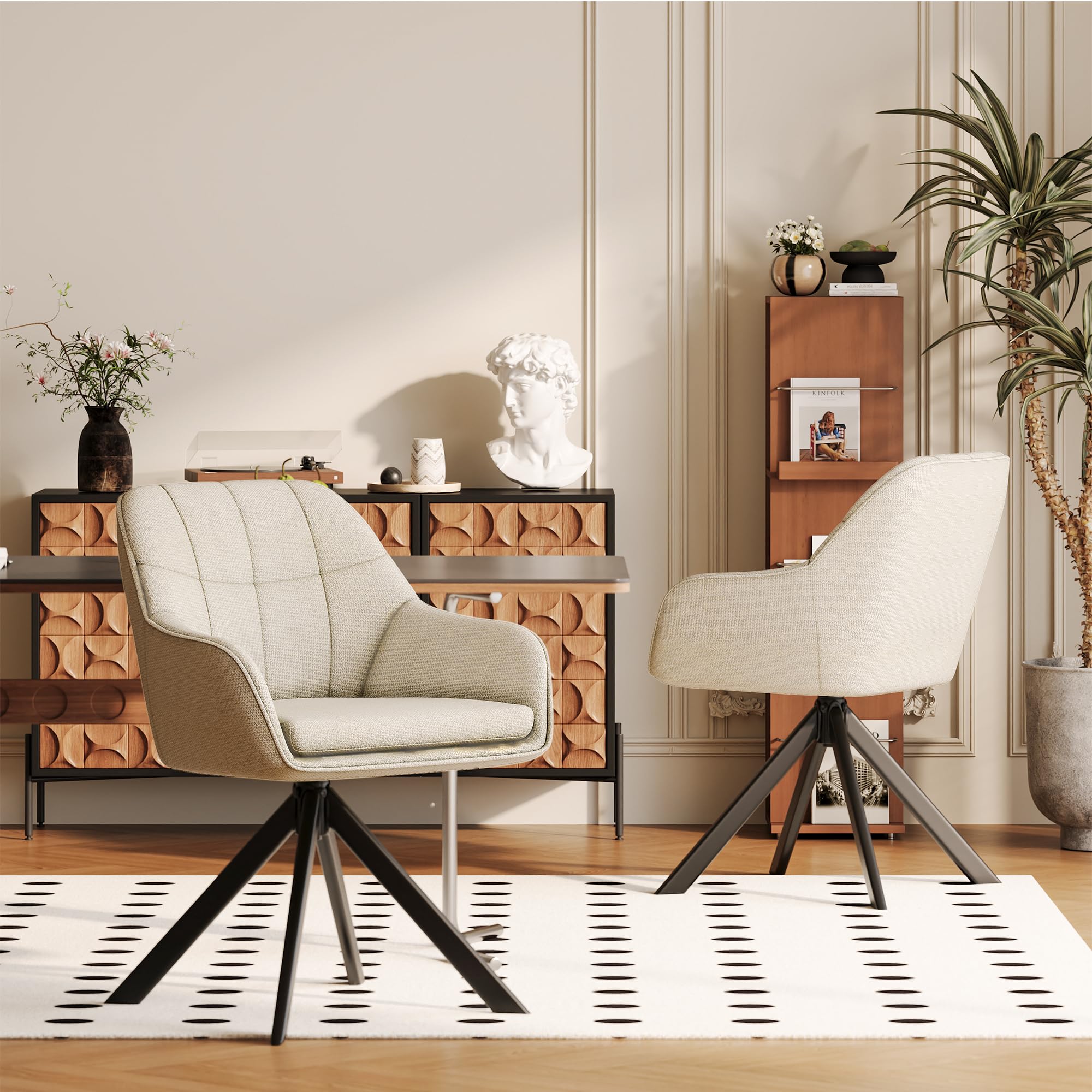 Lot de 6 Chaises Pivotantes 360° en Lin Beige avec Accoudoirs, Chaises de Salle à Manger, Cuisine, Fauteuils avec Pieds en Métal, pour Bureau ou Salon