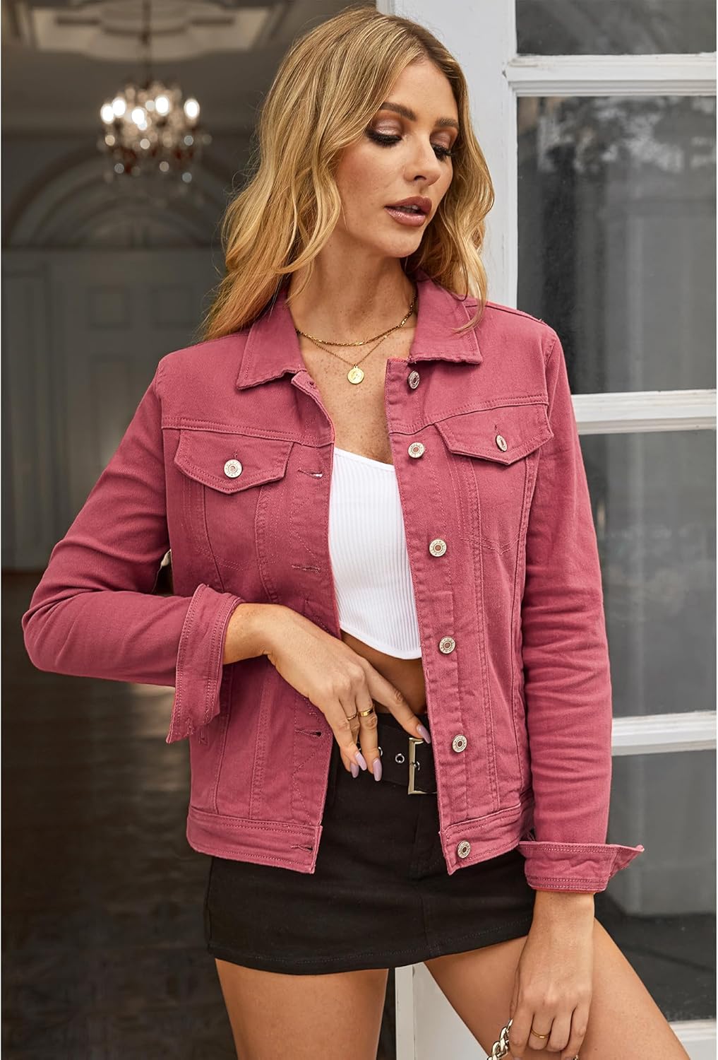 luvamia Women's Basic Button Down Stretch Fitted Long Sleeves Denim Jean Jacket - Image 5