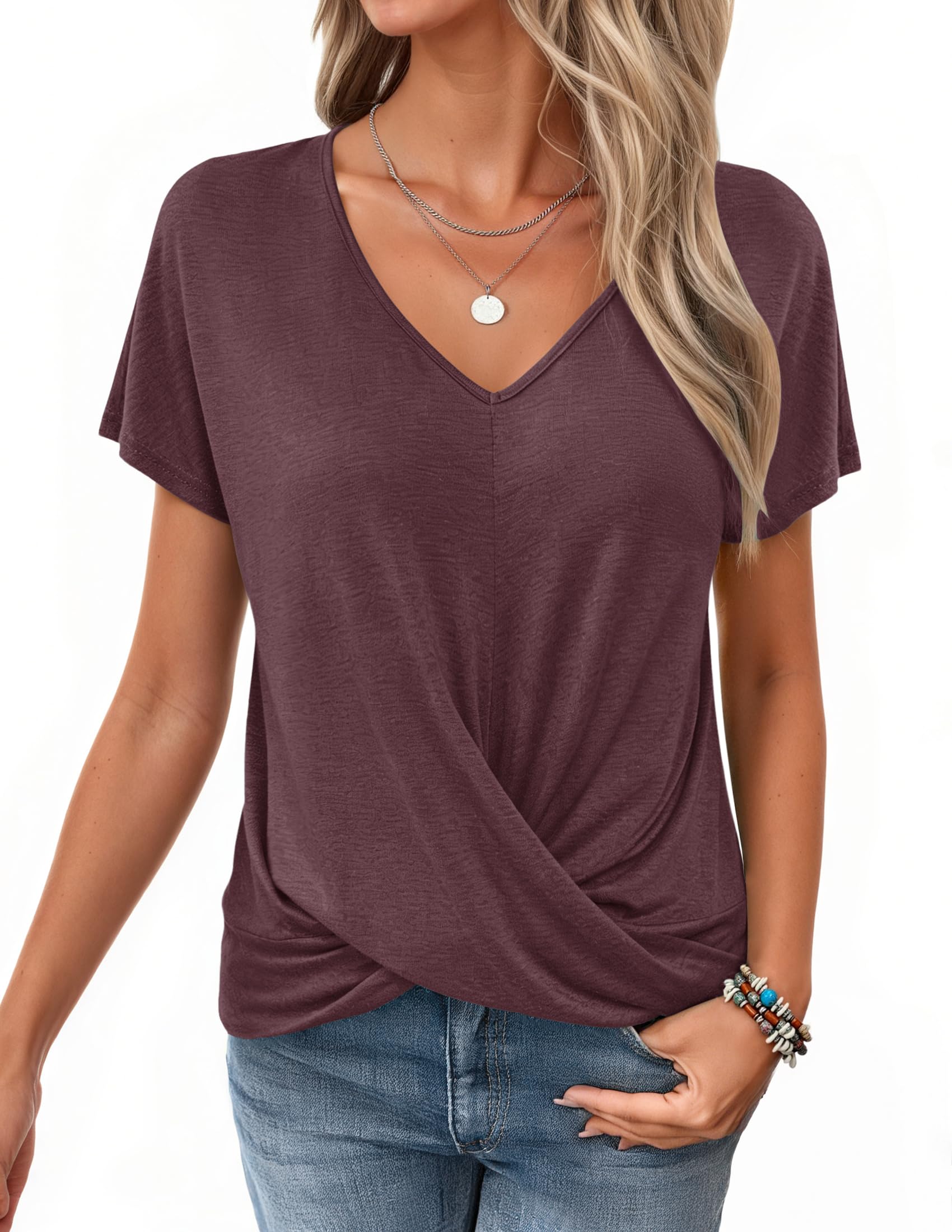 WNEEDU Tshirt Damen Sommer-V Ausschnitt Kurzarm T-Shirt Damen Elegant Twist Front Oberteile Bluse Basic Top lässige