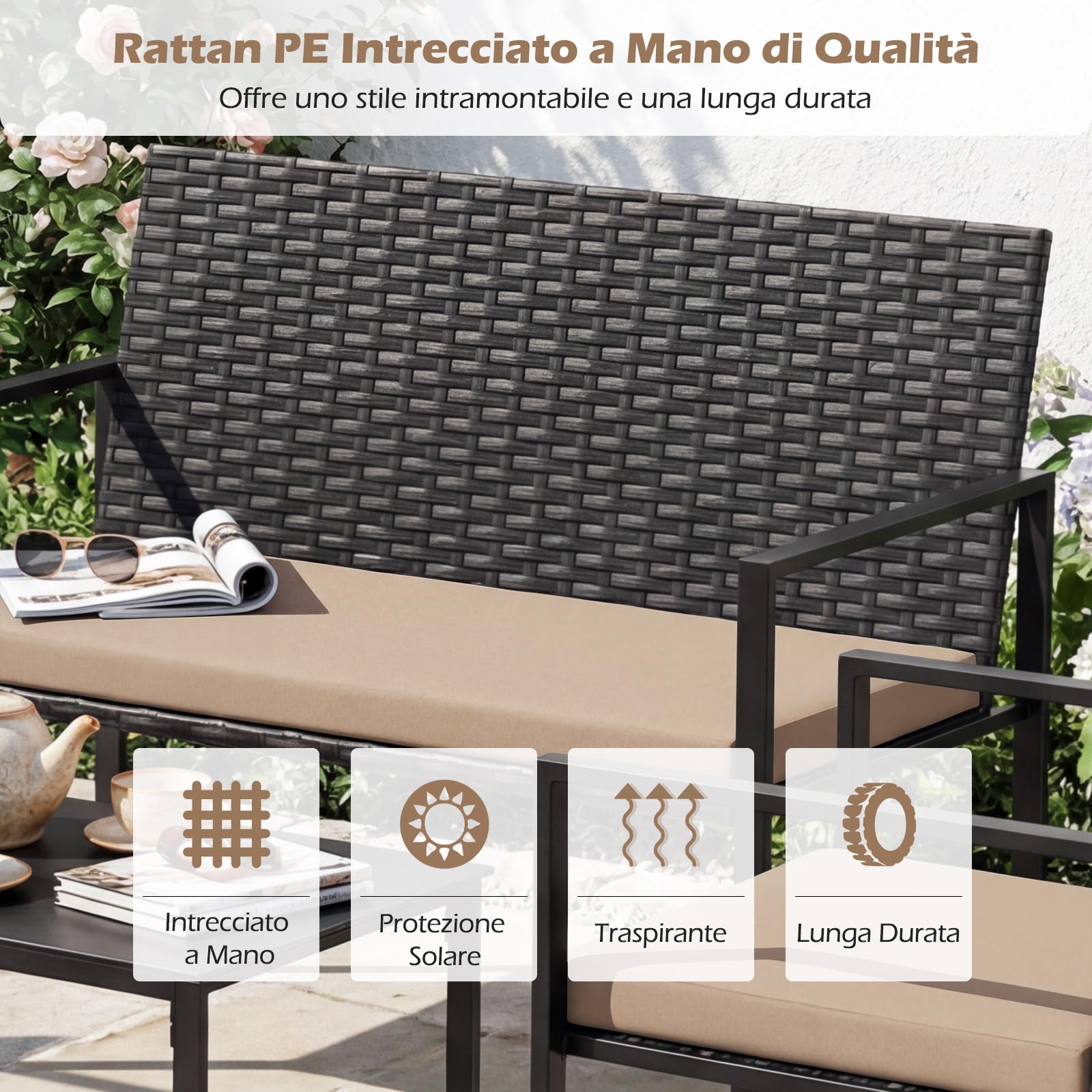 COSTWAY Set di Salotto da Giardino a 4 Pezzi, Poltrone e Divano per Esterno in Rattan con Tavolino da Caffè in Vetro Temperato e Cuscini Morbidi, Set di Conversazione per Cortile e Balcone (Giallo)