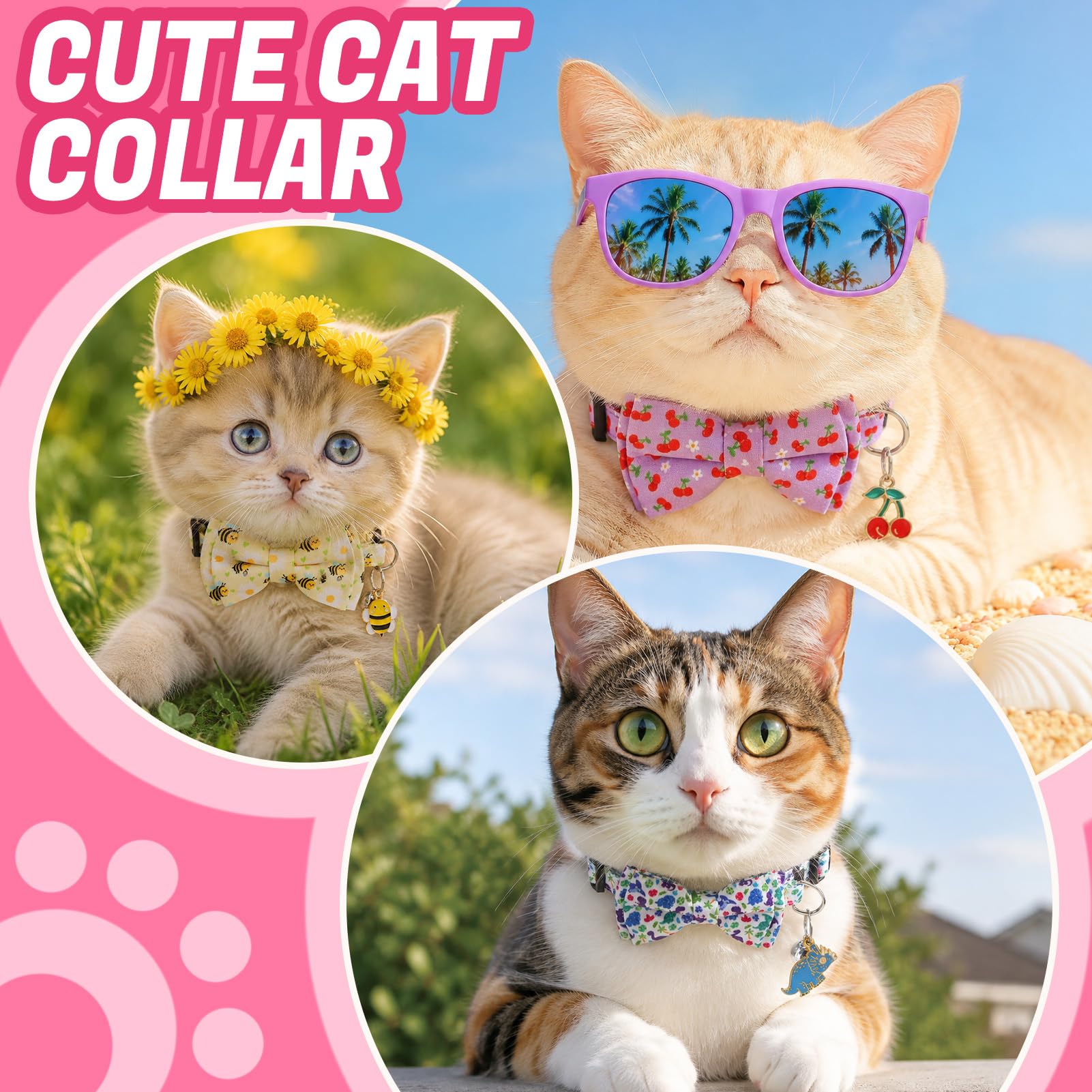 30 collares de gato separables con pajarita y campanas, collares ajustables florales para gatos, collar de seguridad para gatitos para niñas, niños y gatos