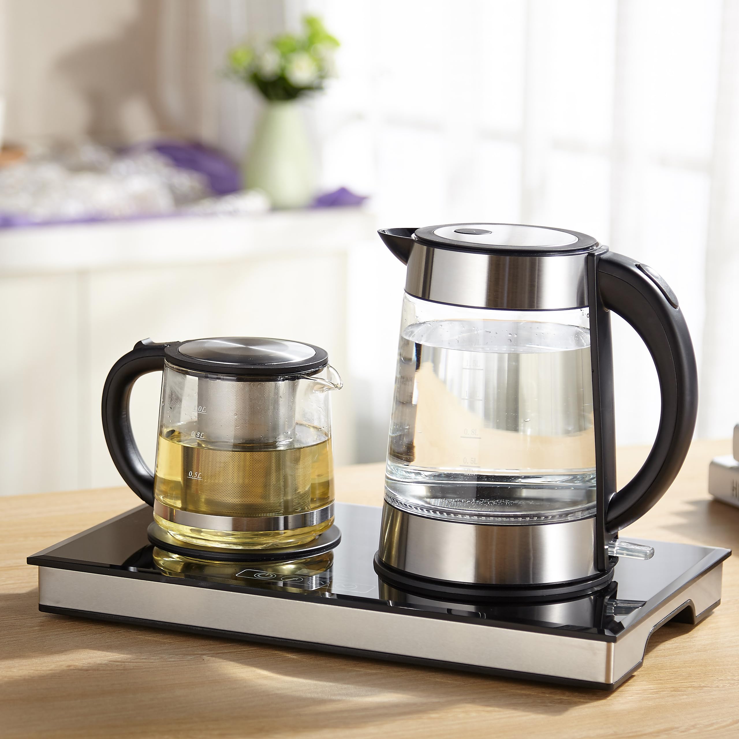 HEINRICHS Teestation, Tee-und Kaffeestation, Wasserkocher 1,7L und Teekanne 1L mit Edelstahlfilter, Basis mit LED Display und Sensor-Touchbedienung, LED Beleuchtung, Warmhalteplatte, 2200 W Heinrich´s