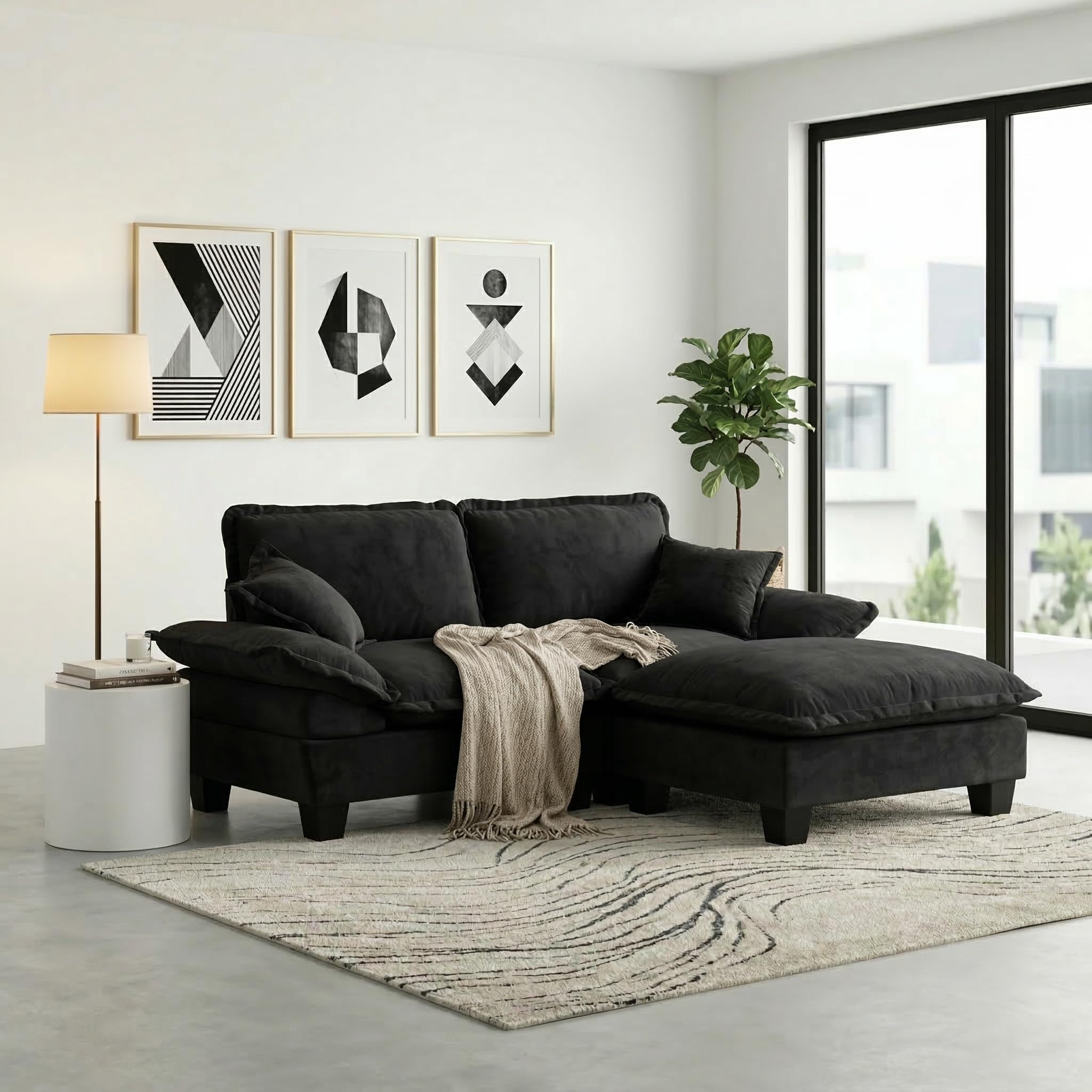 Bladez Sofá modular de 2 plazas, sofá esquinero con otomana, sofá tapizado en forma de L, para sala de estar, apartamento, muebles de salón, color negro