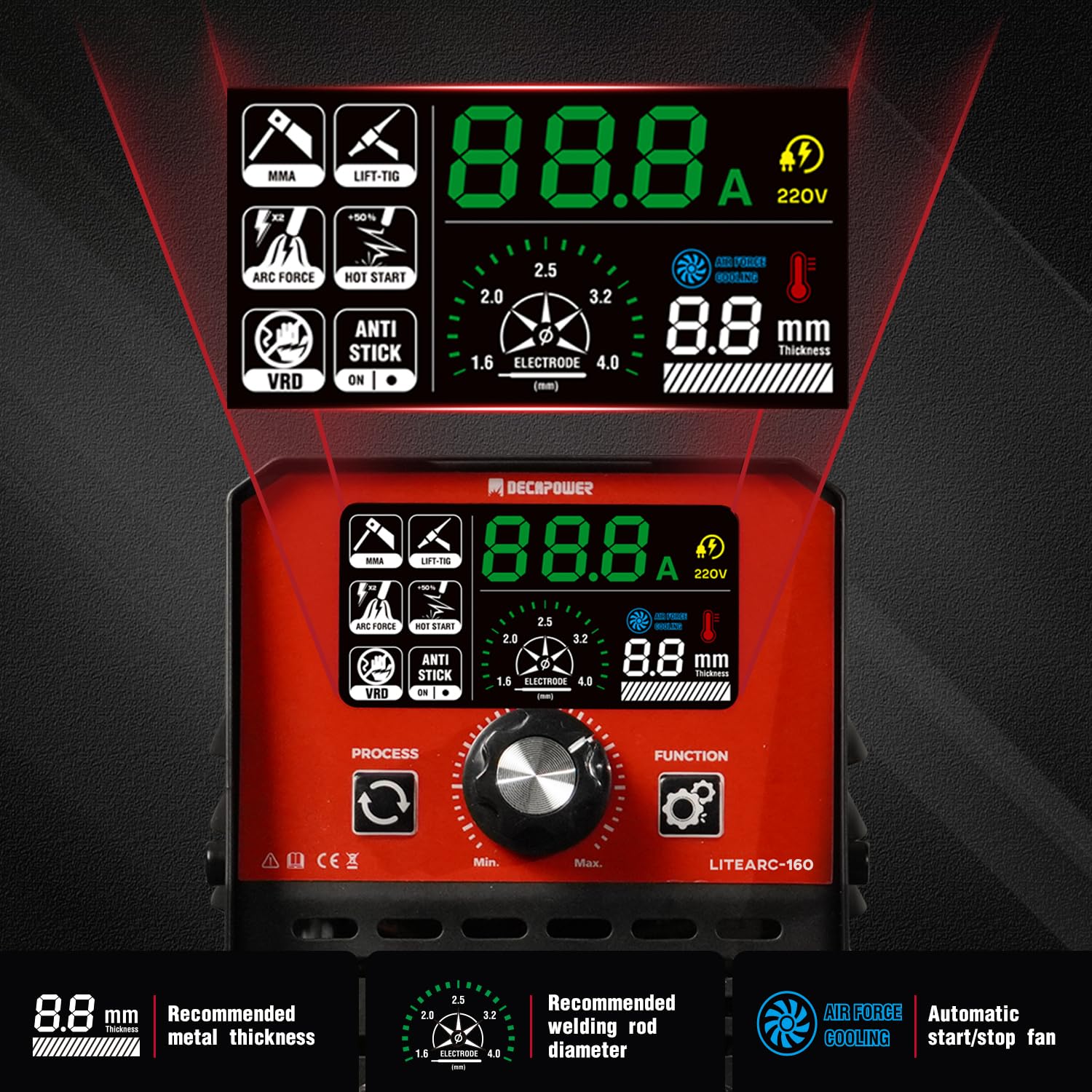 Decapower mini estación de soldadura MMA, 160A equipo máquina de soldadura por arco, inversor MMA Soldadura Electrodo Soldadura Portátil para uso familiar (ARC-160+ WP-17V)