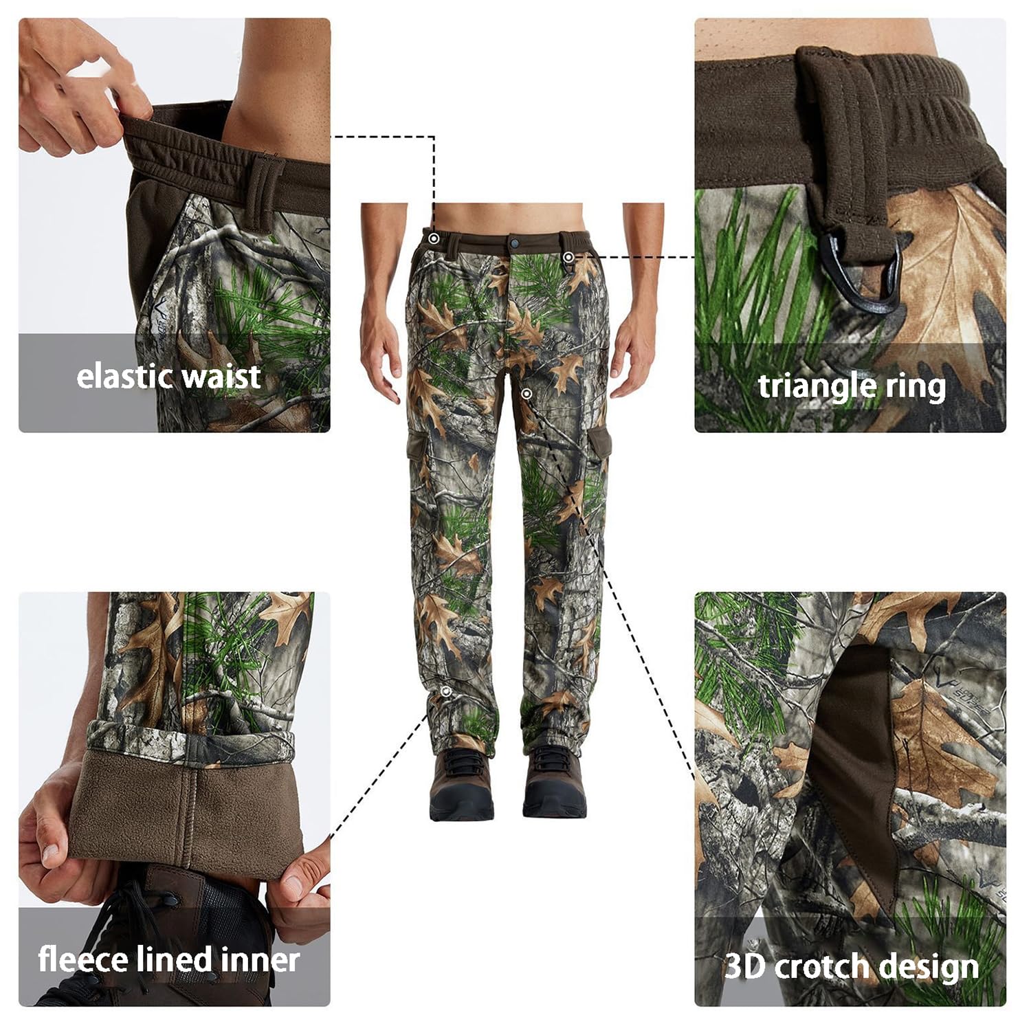 Jagdhose Herren Winter, Tarnung Jagd Wasserdicht Hosen, Lautlose Jagdhosen mit Fleec, Outdoor Hose Camouflage für Jagd Wandern Trekking Angeln