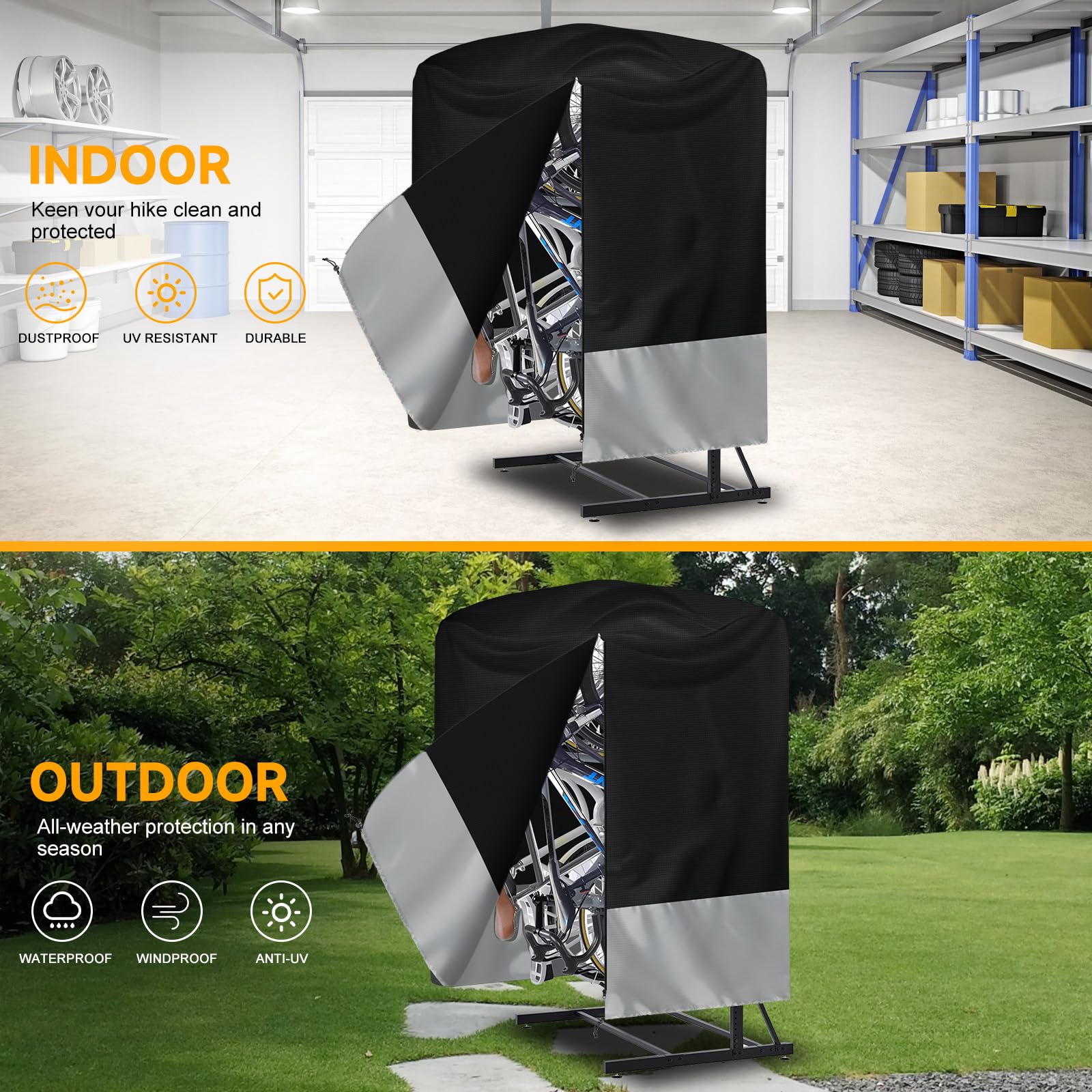 Fahrradabdeckung Wasserdicht Fahrradgarage 420D Oxford-Stoff Fahrradplane | Outdoor-Schutz vor Sonne, Regen und Schnee für 5-8 City-, Mountain-, Elektro- und Tandemfahrräder