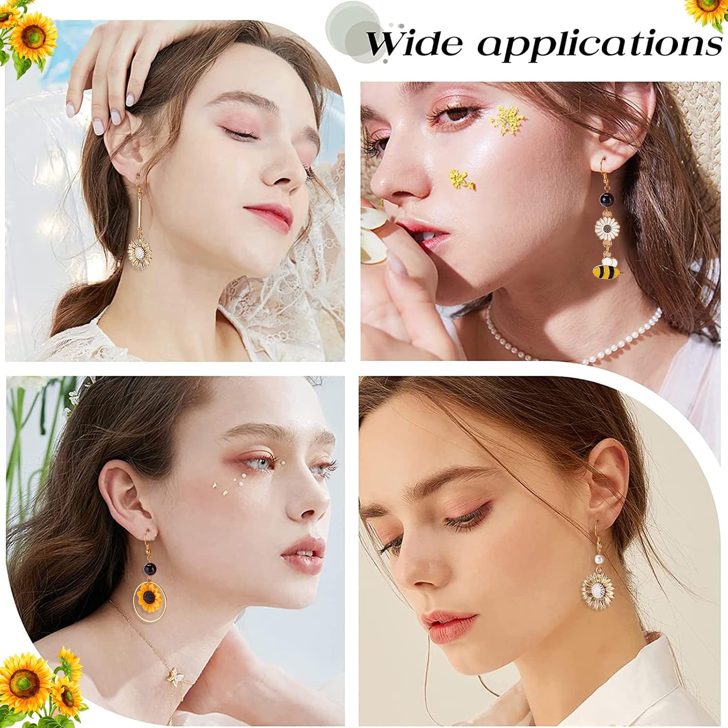SUNNYCLUE 1 Box 10 Pairs DIY Sunflower Charms Bee Charm Flower Earring Making Kit Daisy Flower Charms Glass Beads Findings for Jewelry Making Starter Kit Women Beginners Earrings Supplies Craft