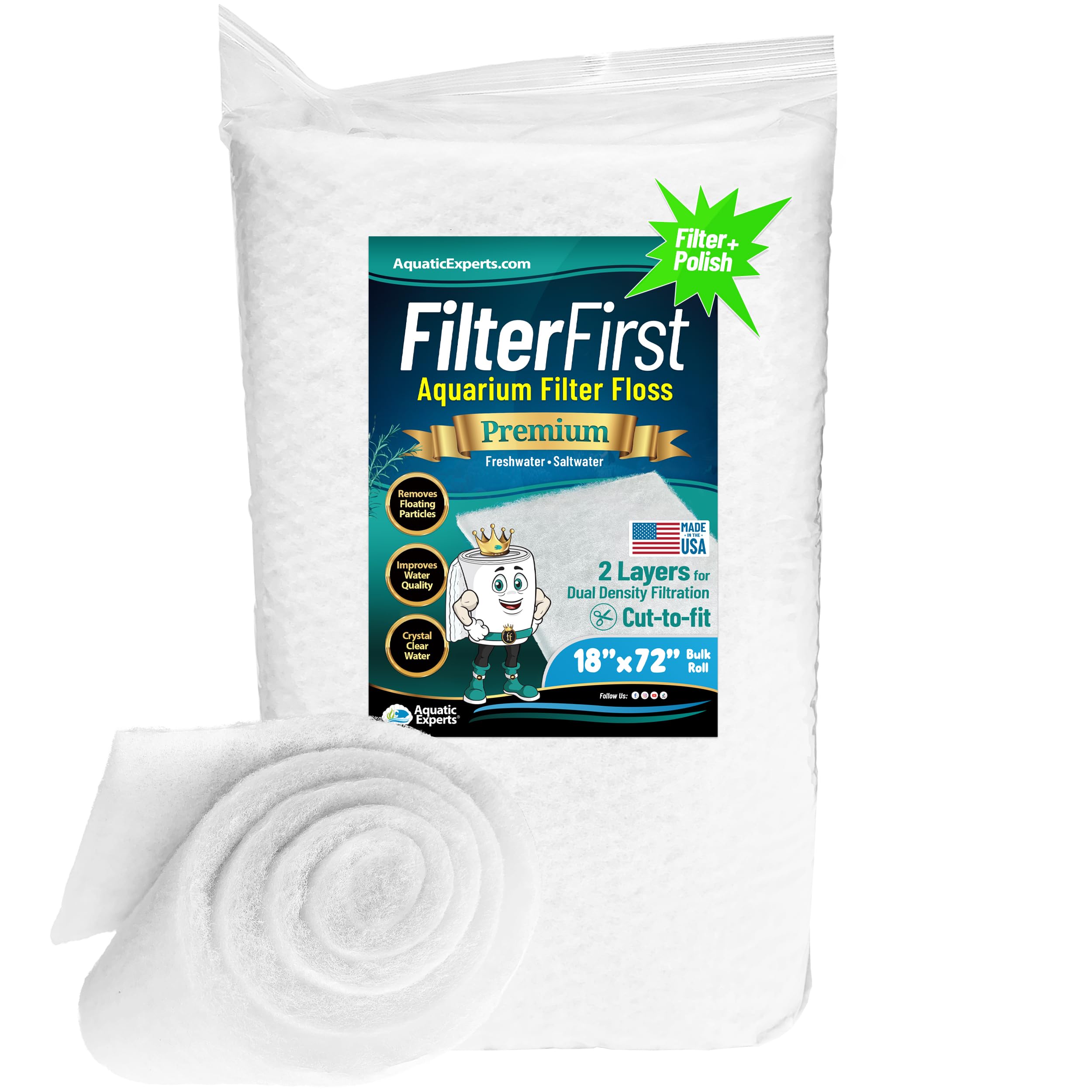 Aquatic Experts Aquarium Filter Floss for Fish Tank Filters - FilterFirst Aquarium Filter Pad - Media Roll for Crystal Clear Water, 3/4" - 1" Thick (18 Inch Wide, 72 Inch Long)