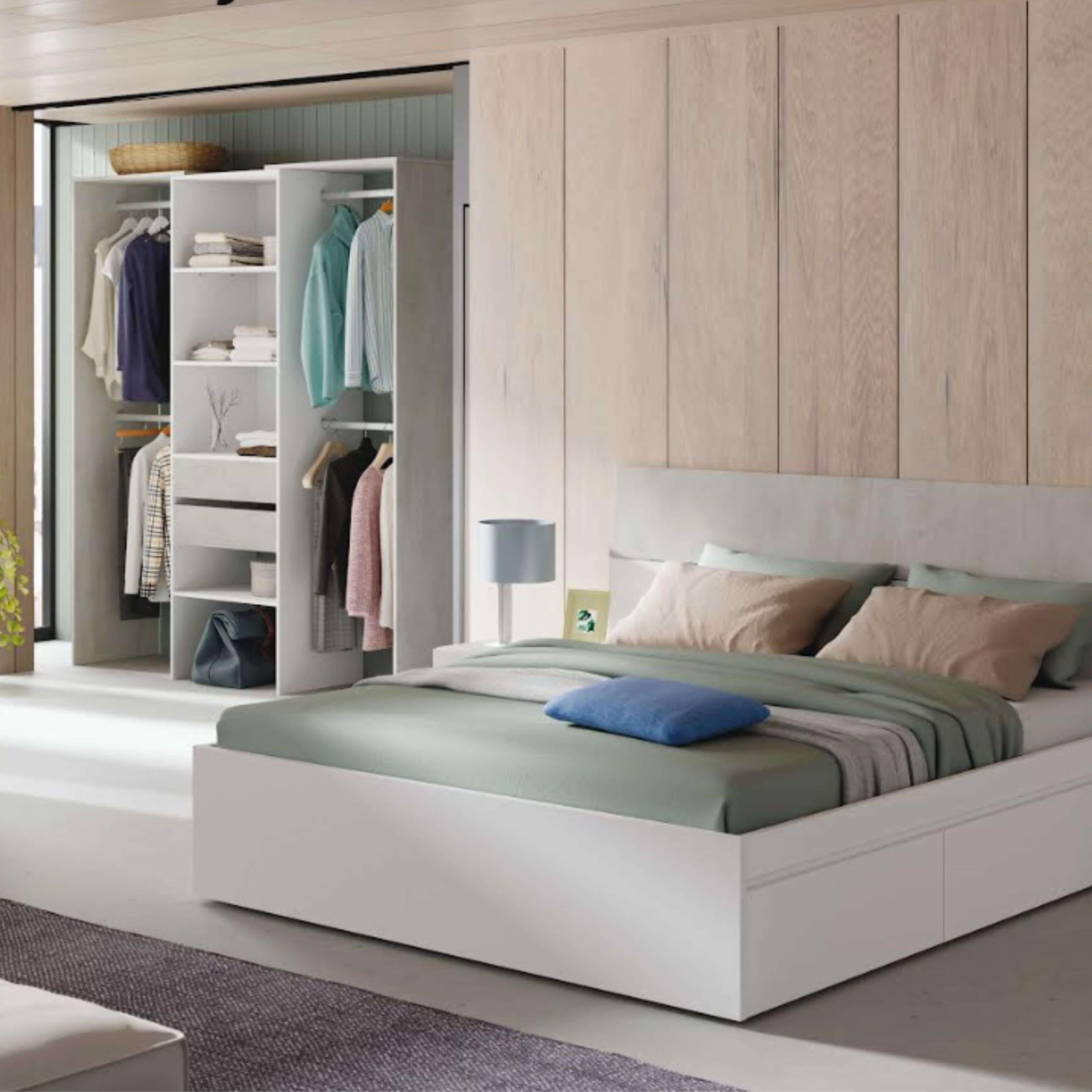 Habitdesign Armario Vestidor con 2 Cajones, Vestidor con Barras y Baldas, Acabado en Blanco Artik y Gris Cemento, Medidas: 179 cm (Ancho) x 202 cm (Alto) x 50 cm (Fondo)