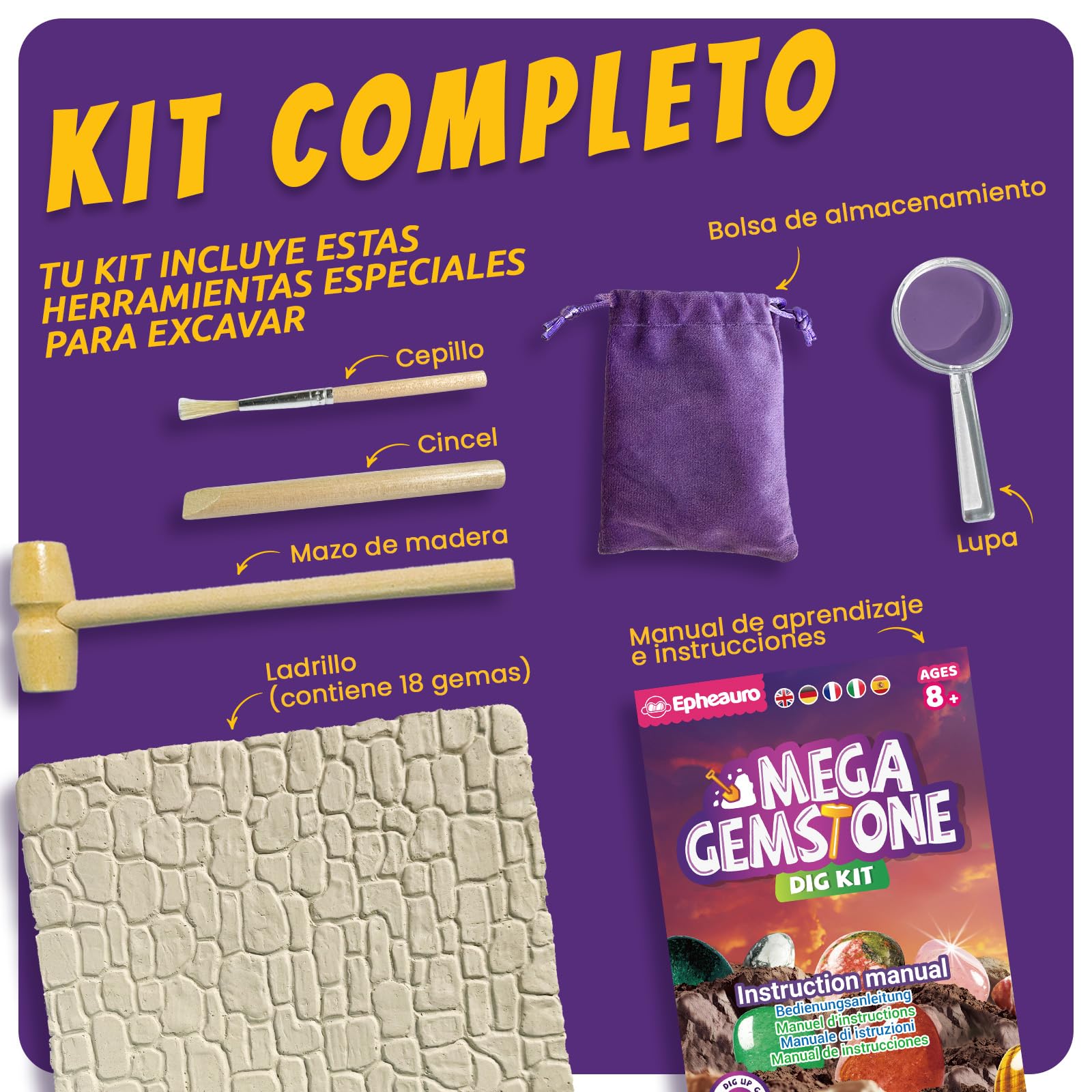 Mega Kit de Excavación de Gemas para Niños – 18 Cristales, Minerales y Rocas Reales para Niños a Partir de 8 Años