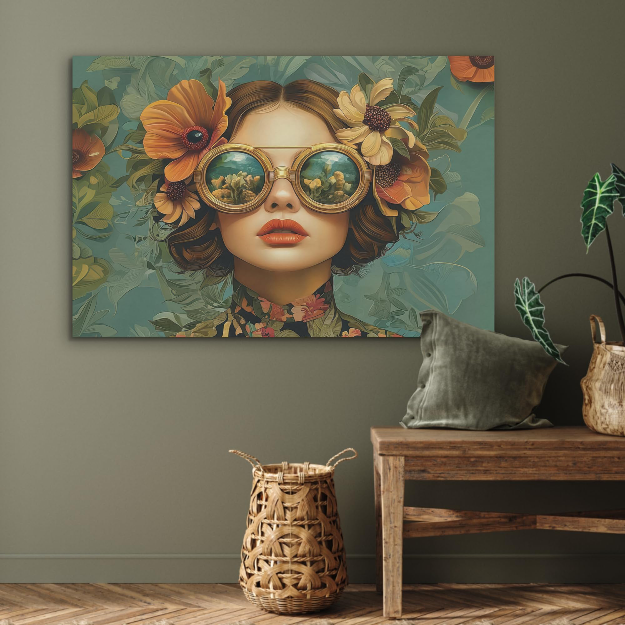 MuchoWow Bilder aus Filz 100x70 cm Wandbild Kunstdruck Blumen Schmetterlinge Natur Vintage Deko