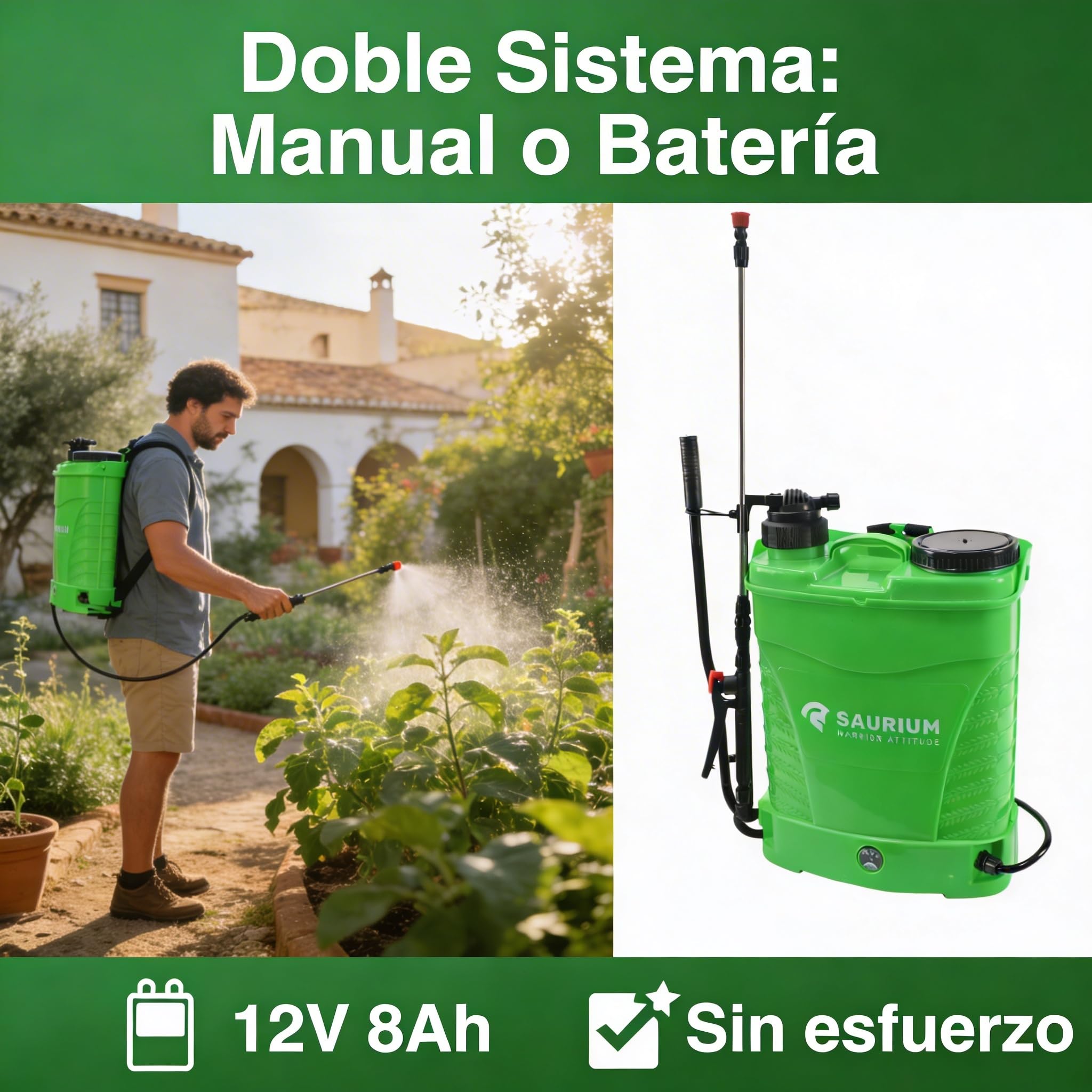 Pulverizador Mochila 16L Manual y a Batería 12V 8Ah para Jardín y Fumigación