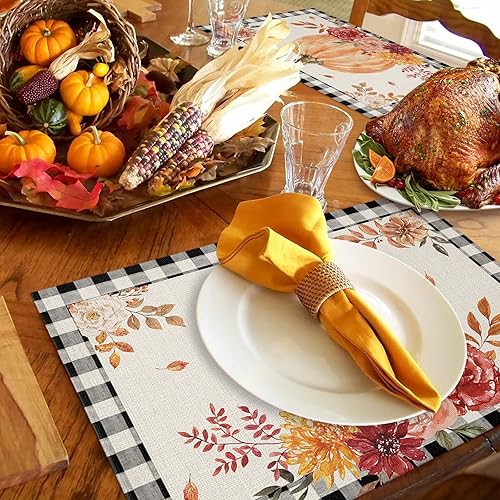 Miniatura 9 de Manteles individuales para mesa de comedor, juego de 4 manteles individuales para otoño, Acción de Gracias, calabaza, flor y girasol, manteles para