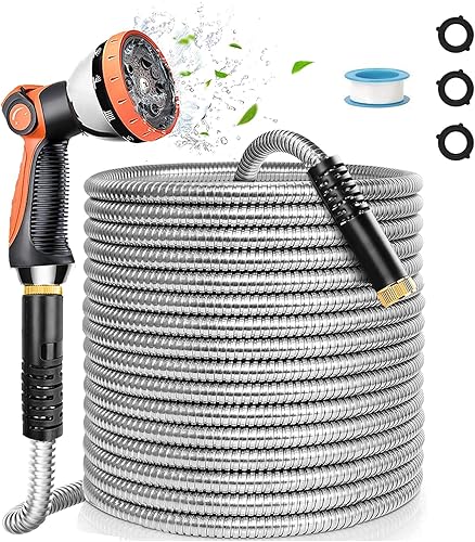 NEOAURR - Manguera de jardín de metal de 100 pies, manguera de agua resistente de acero inoxidable con boquilla de 10 funciones, ligera, sin disponible en Yaxa Colombia