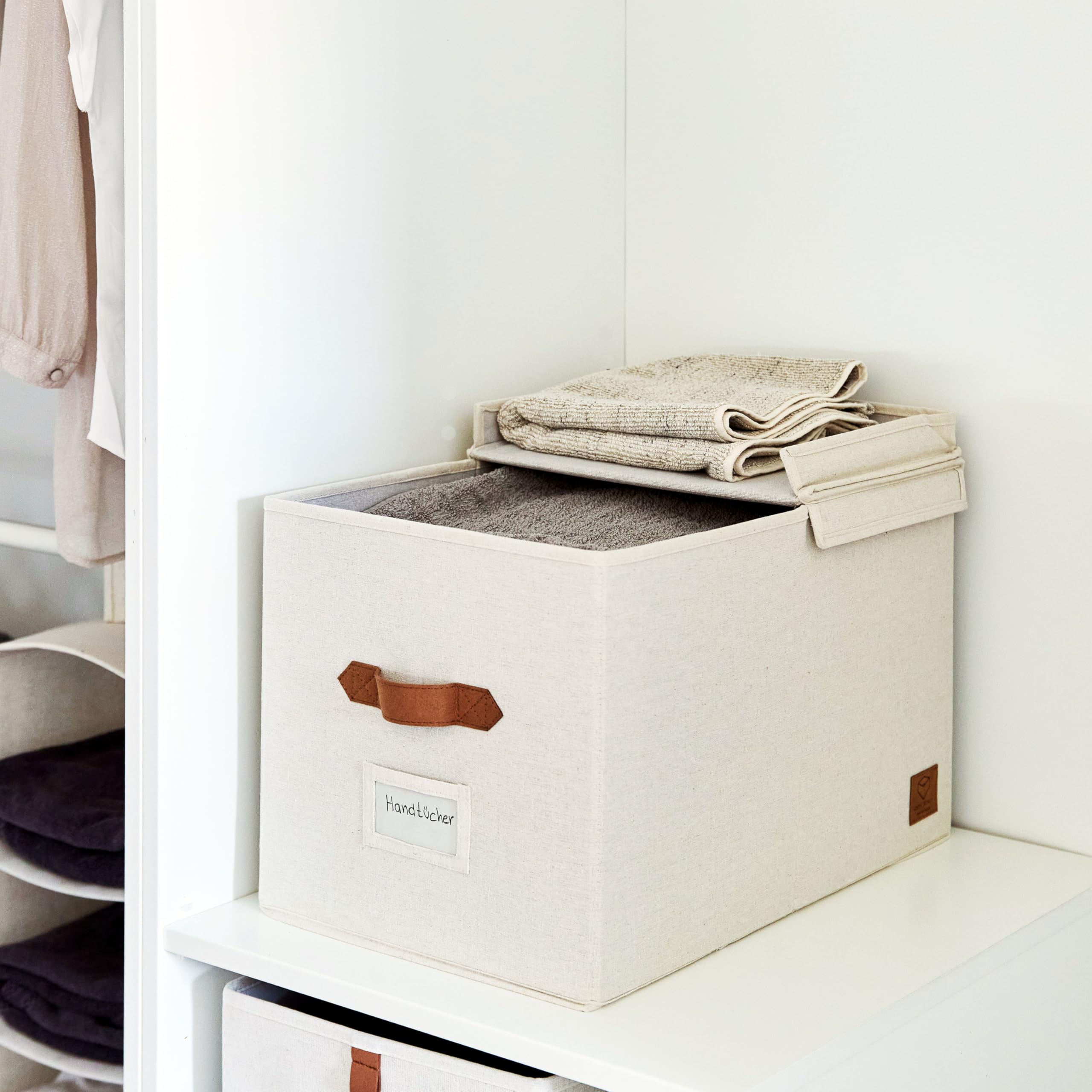 LOVE IT STORE IT Premium Aufbewahrungsbox mit Deckel XL - Box Aufbewahrung aus Leinen Stoff - Beschriftbar - Verstärkt - Extra groß und stabil - Beige - 50x33x32 cm