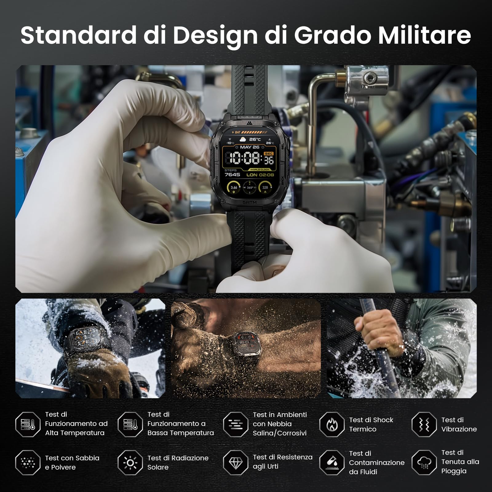 KOSPET Tank M4C Smartwatch Uomo Rugged con Torcia Integrata, 5 ATM & IP69K | GPS a 6 Satelliti, Batteria 15 Giorni, Monitor Salute 24/7, 170+ Modalità Sportive, Compatibile con Android & iPhone, Nero
