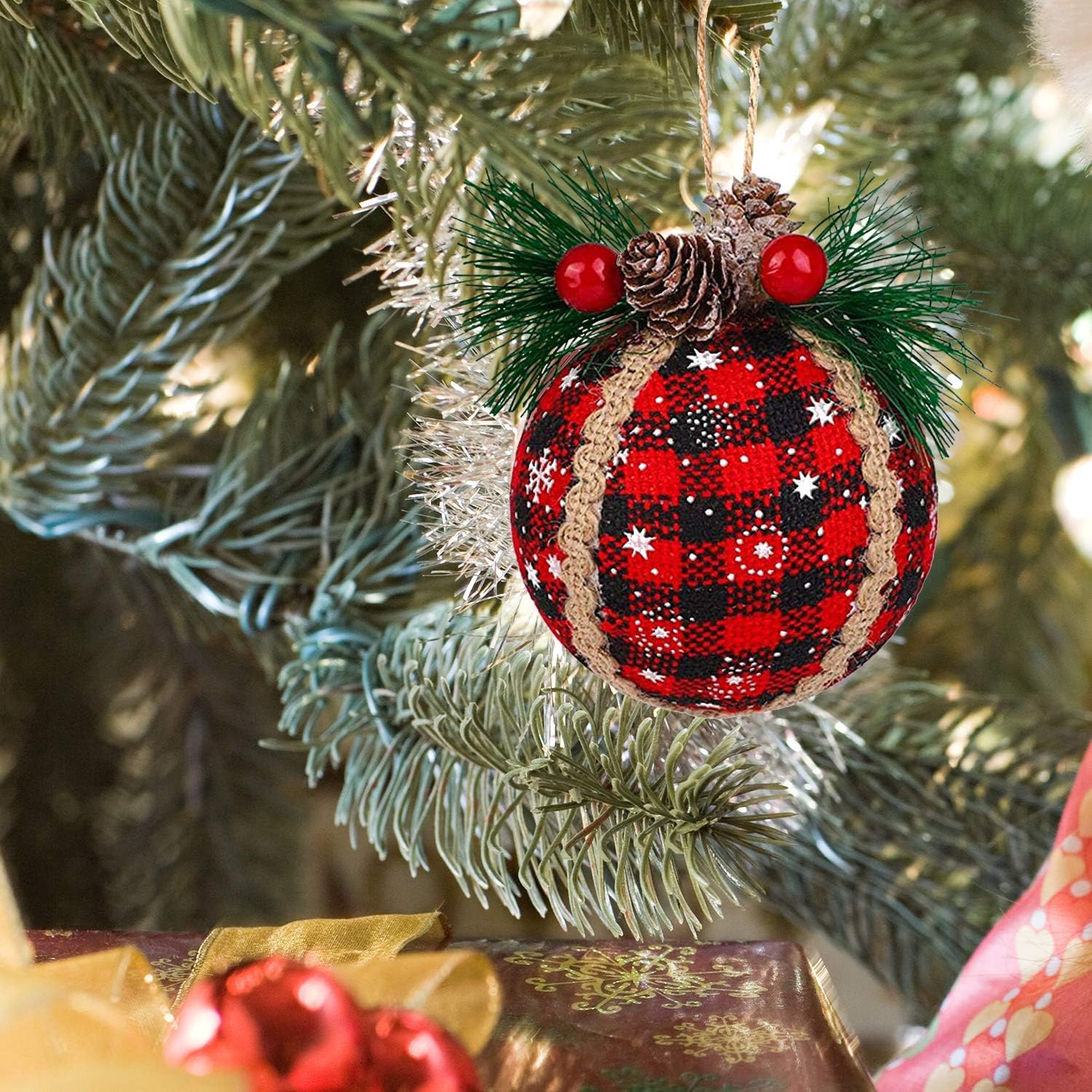 Weihnachtskugeln 24 Stück Weihnachtskugel-Ornamente Aus Stoff Mit Tannenzapfen Und Grün, Weihnachtsbaum-Hängekugel, Festliche Dekorationen Weihnachtsdeko,Christbaumkugel(A,2.36 inch)