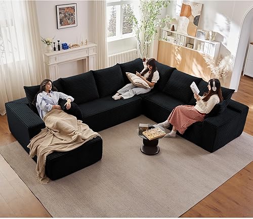Miniatura 57 de Sofá Nube en Forma de U de 135", Sofá Seccional Modular Moderno Cómodo en Forma de L con Otomana, Asiento Profundo, Chaise Longue Reclinable Negro