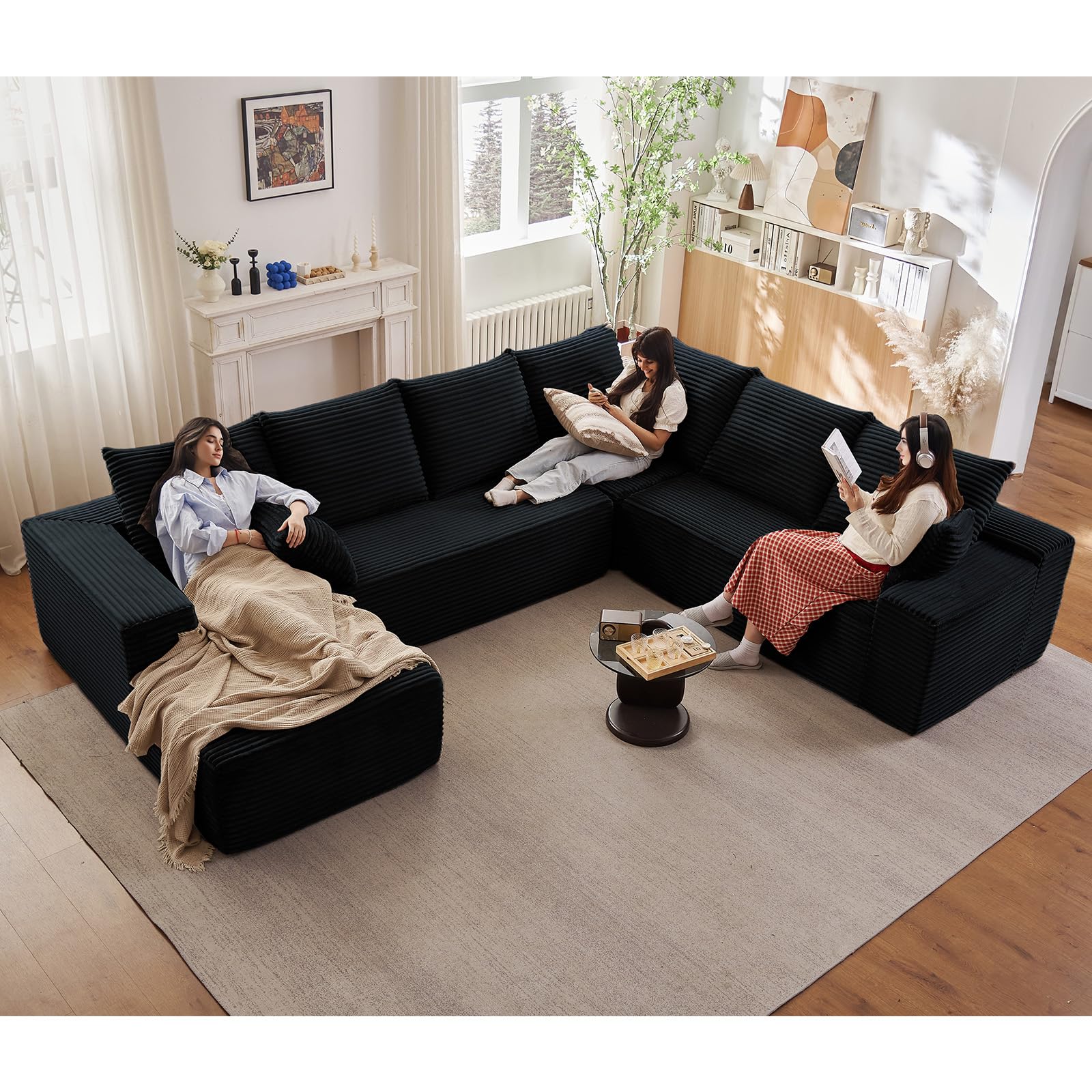 Sectional Cloud Couch with L-Shape Chaise, Upholstered Corduroy Couches Stupendous U Shaped Sofas, Modern Modular Comfy Sofa with Deep Seat for Living Room Bedroom, No Assembly Required, Black