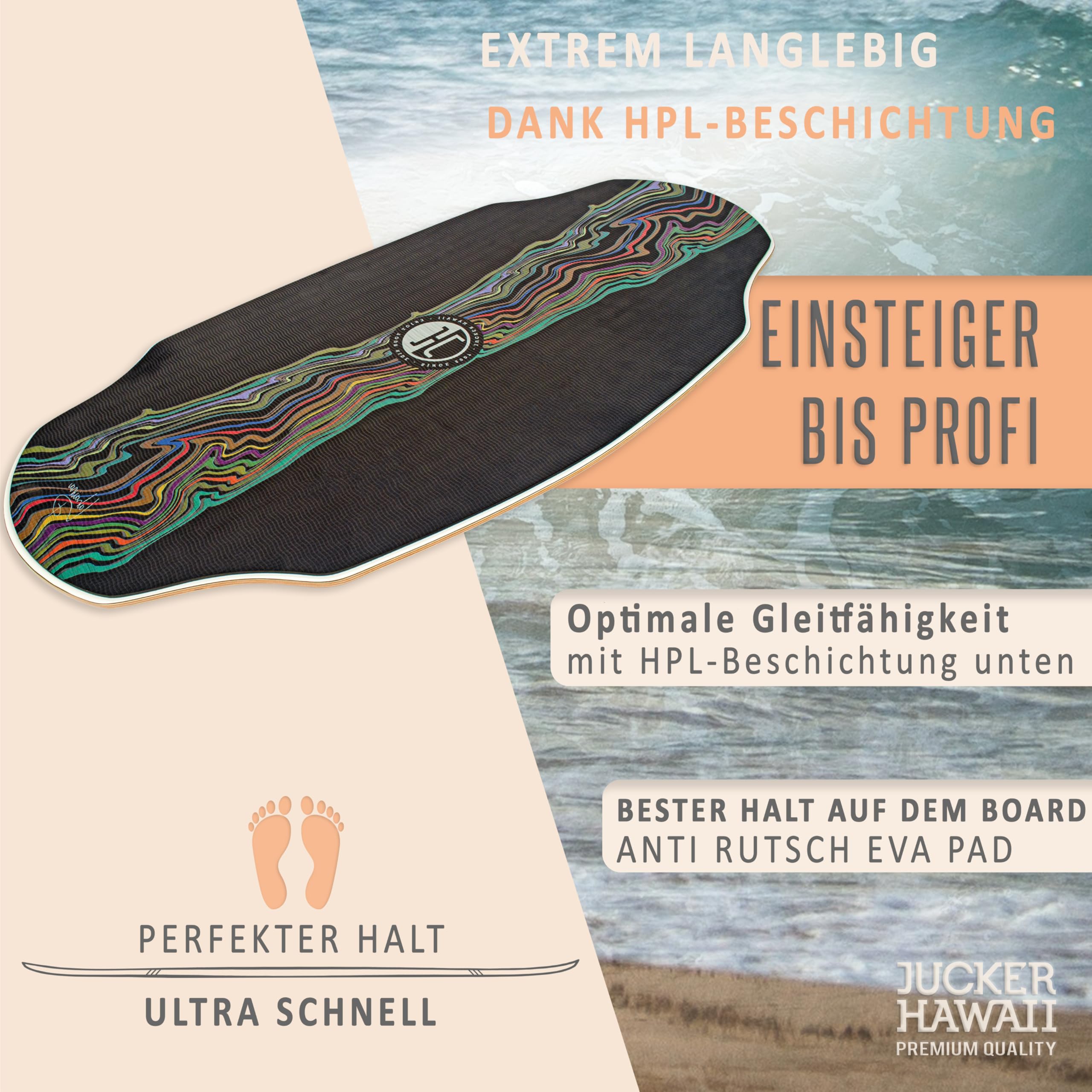 JUCKER HAWAII Skimboard HPL Lahaina Pro Tabla de esquí profesional con revestimiento HPL de doble cara y capa antideslizante EVA