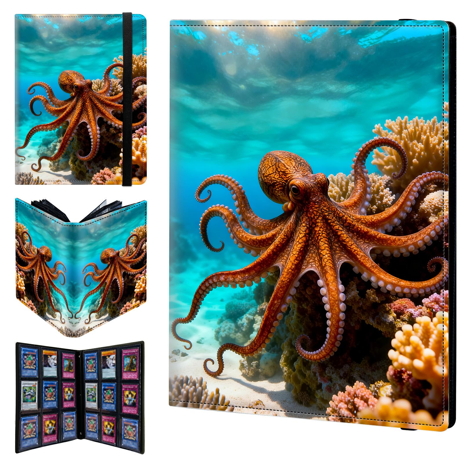 9 Pocket Trading Card Binder 900 Side Loading Pocket Album with Sea Octopus Pattern Design Card Binder for Sports Cards & Game Cards