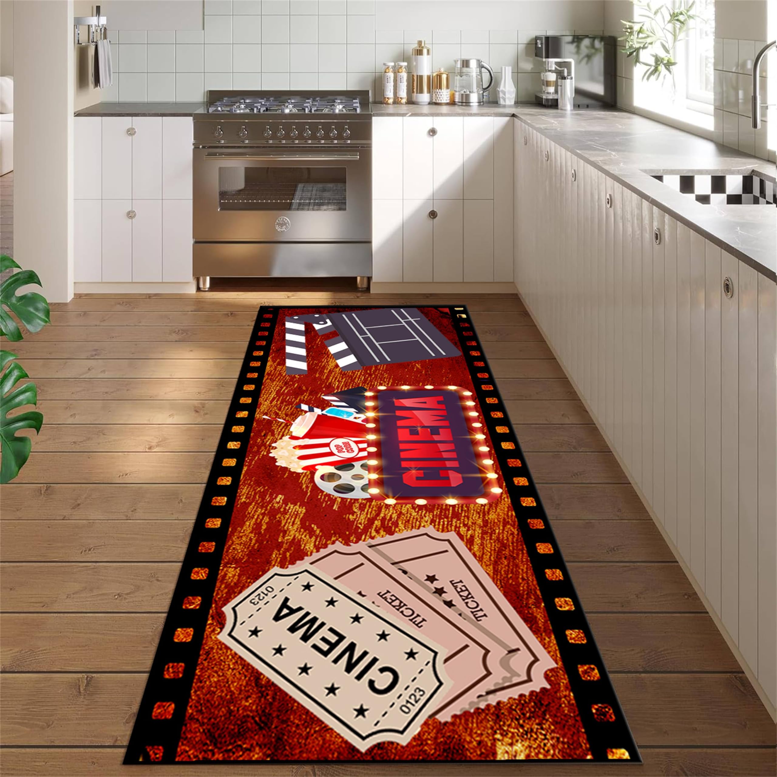 Srocvi Movie Time Long Rug Home Cinema Theatre Clapboard Ticket Popcorn Print Design Carpets for Living Room Retro Red Non-Skid Foldable Long Door