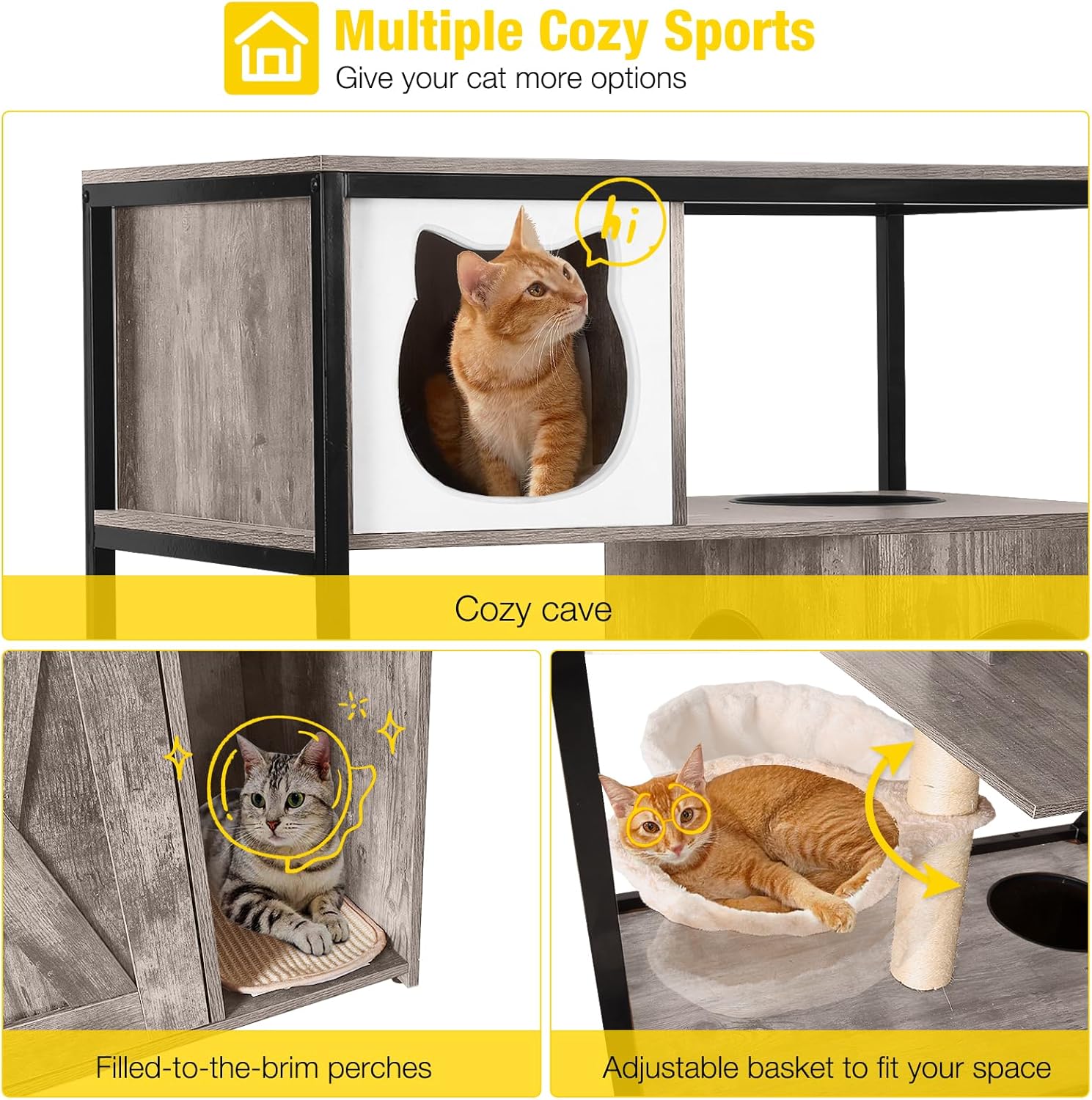 Aivituvin Cat Litter Box Enclosure, Litter Box Furniture Hidden, Wooden Cat Washroom Furniture, Indoor Cats House with Condo, Hammock, Scratching Mat and Storage Shelves-Greige