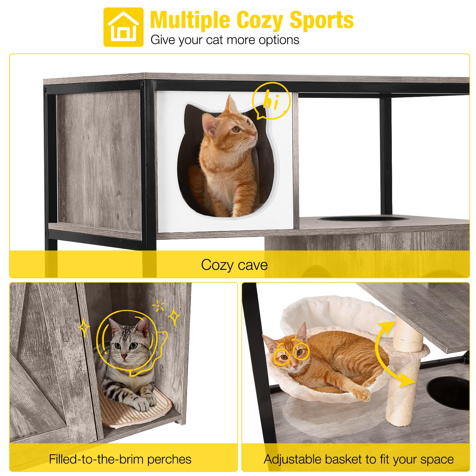 Aivituvin Cat Litter Box Enclosure, Litter Box Furniture Hidden, Wooden Cat Washroom Furniture, Indoor Cats House with Condo, Hammock, Scratching Mat and Storage Shelves-Greige - image 3