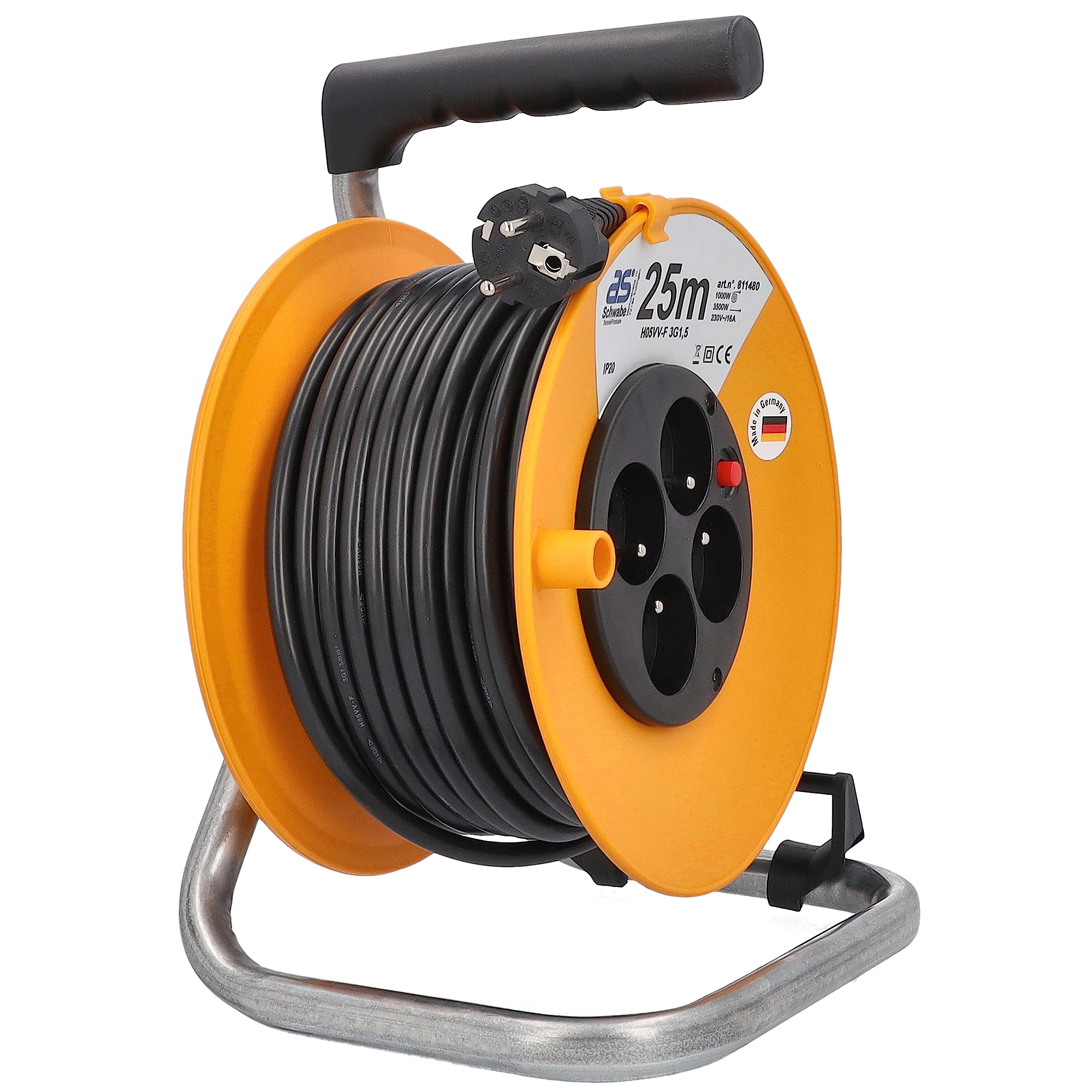 as - Schwabe enrollacables 25 m, IP20 para interiores, 4 tomas NF, Interruptor térmico, Made in Germany