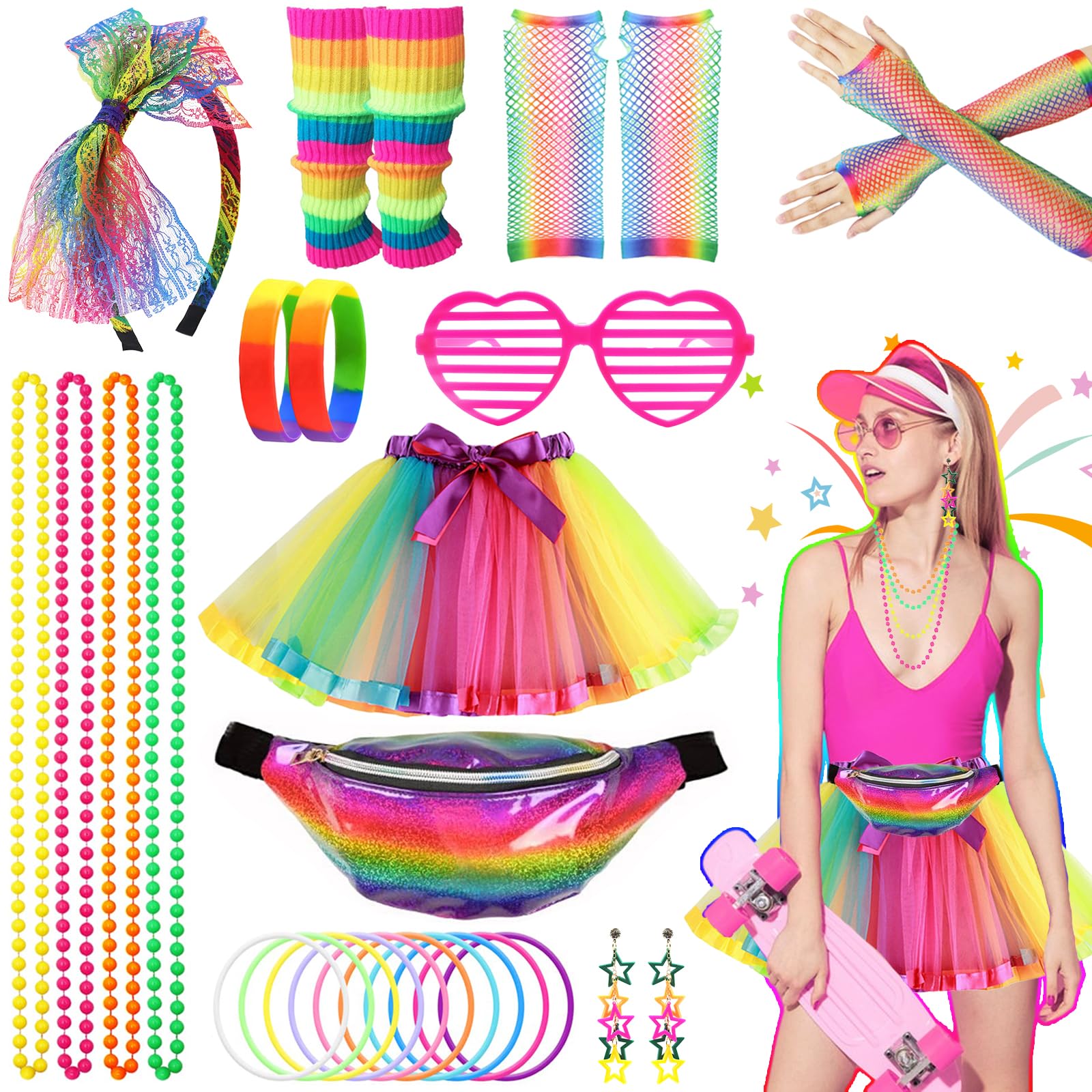 80s Fancy Dress for Women, 1980s Party Costume Accessories Set Bumbag Tutu Skirt Leg Warmer Earrings Fishnet Gloves Necklace Glasses Bracelet Headband, Retro Outfit for 80s Party/Dress up Day