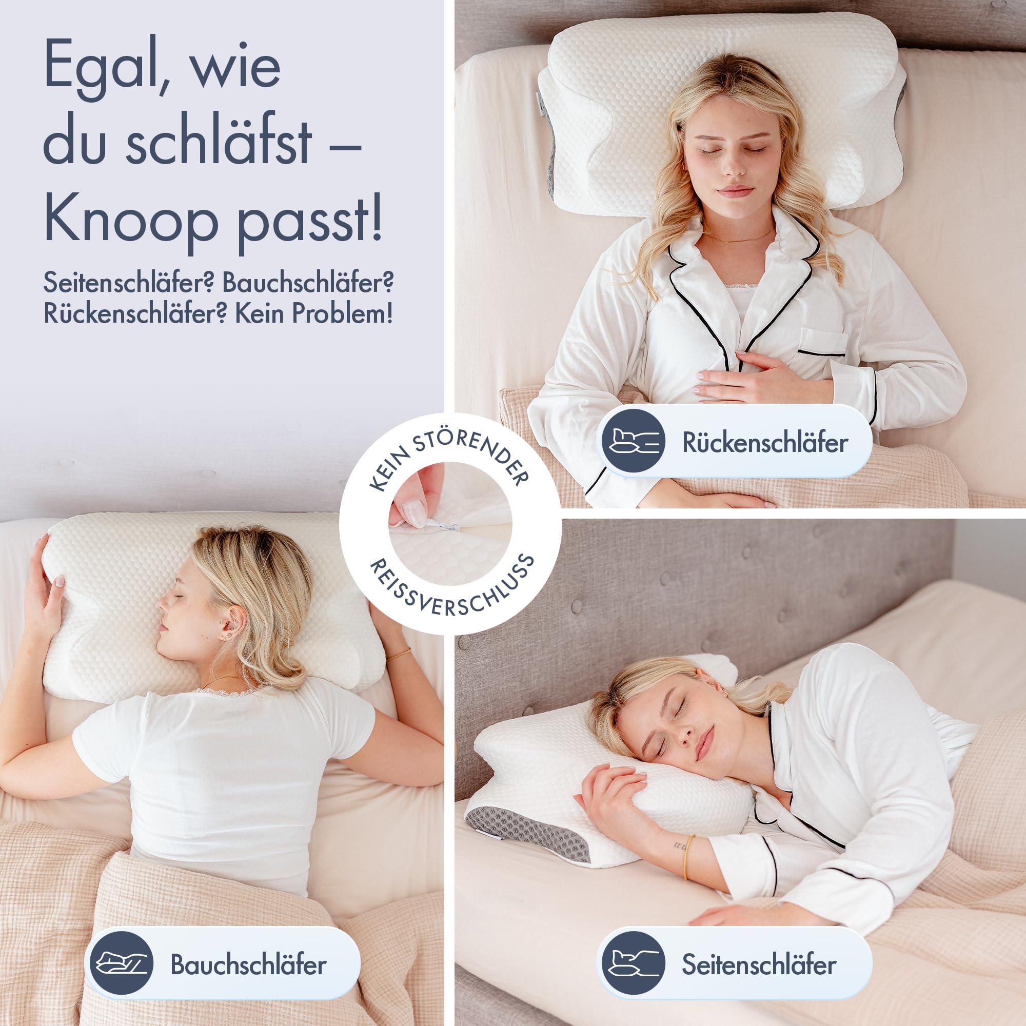 Knoop Home & Living / Almohada ergonómica para un sueño reparador/dos fundas para verano e invierno/marca alemana/espuma viscoelástica/almohada para dormir de lado, para dormir de lado, boca abajo y