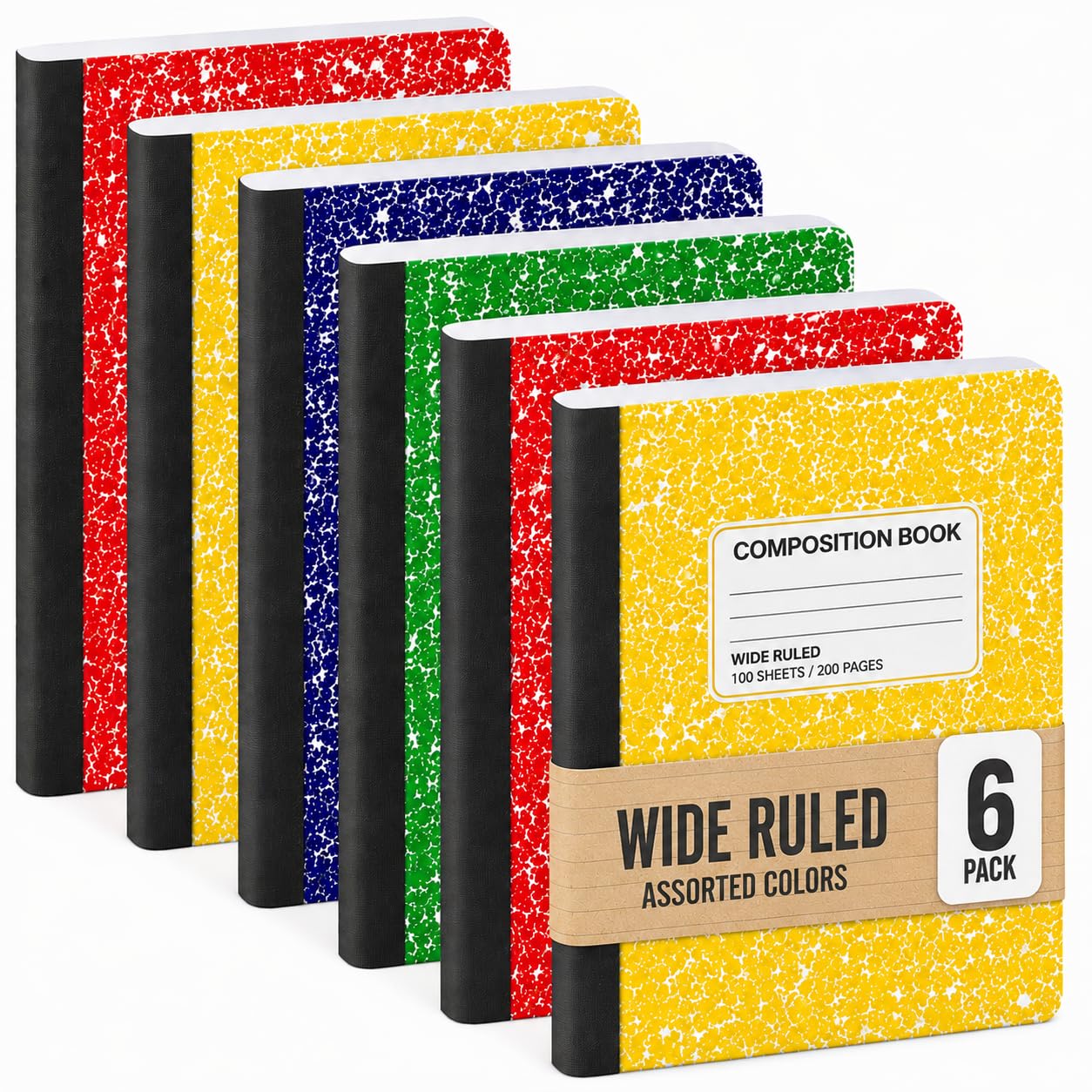 Lot de 6 carnets de composition à lignes larges - Papier à règles larges - 24 x 19 cm - 100 feuilles (200 pages) - Reliure cousue, couverture en marbre durable, couleurs assorties