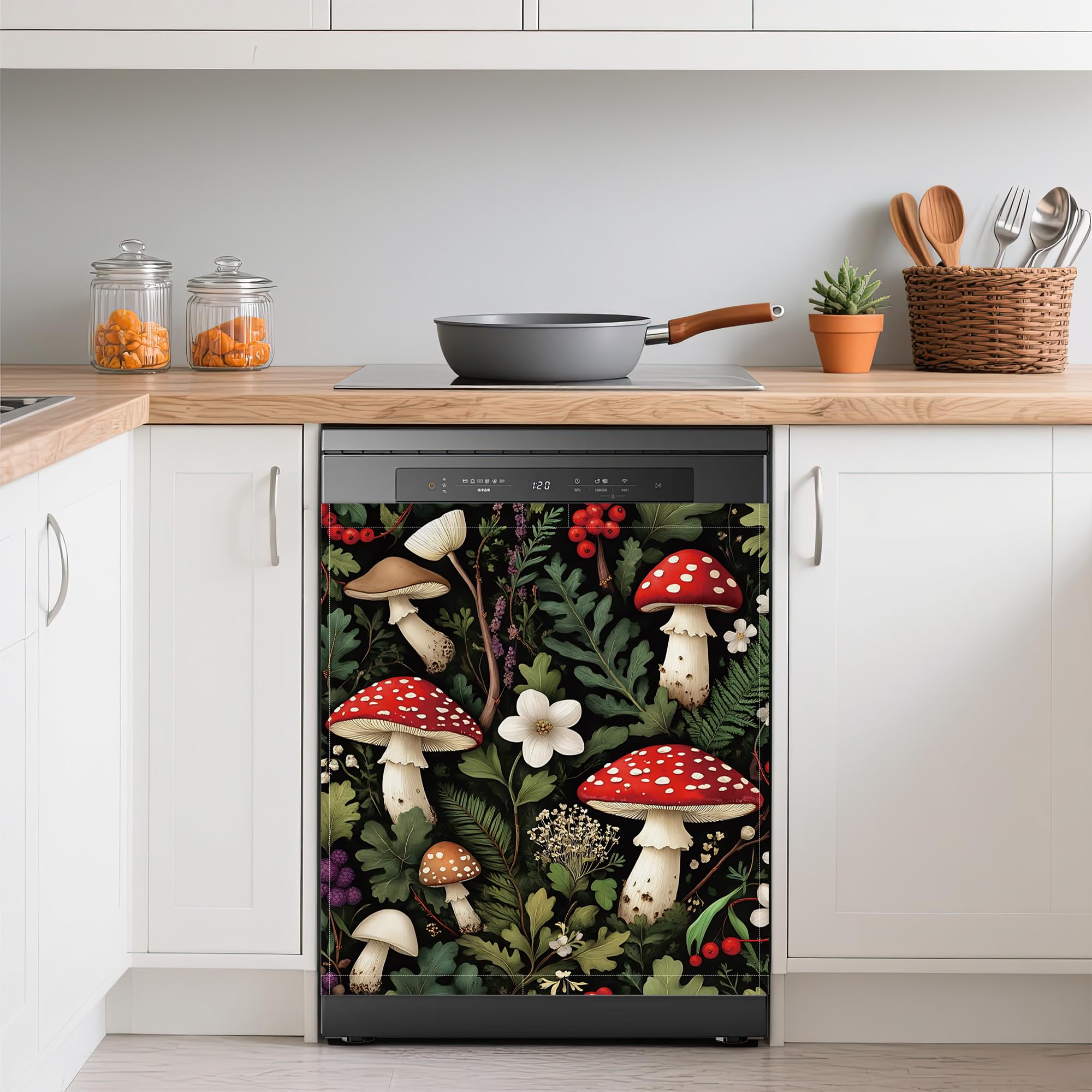 Red Mushrooms Dishwasher Covers for The Front Magnetic,Forest Berries Leaves Refrigerator Magnets Decoration,Reusable Dishwasher Cover Panel for Home Kitchen Decor 23x26 Inch