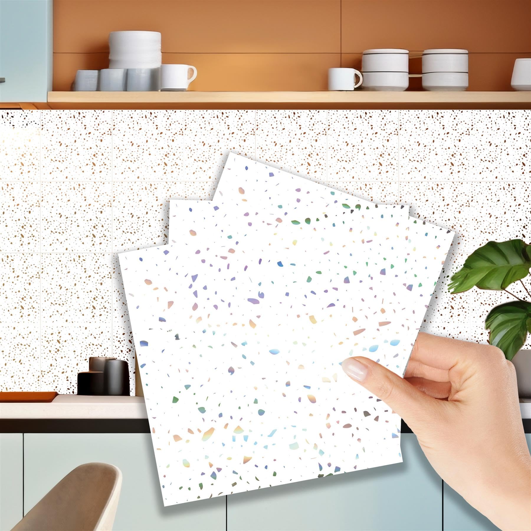WALPLUS 96 PCS 15cm (6") Terrazzo Holographic Glitter White Tile Stickers | Peel and Stick Self-Adhesive Wall Tiles for Kitchen, Bathroom, Backsplash & DIY Tile Makeover