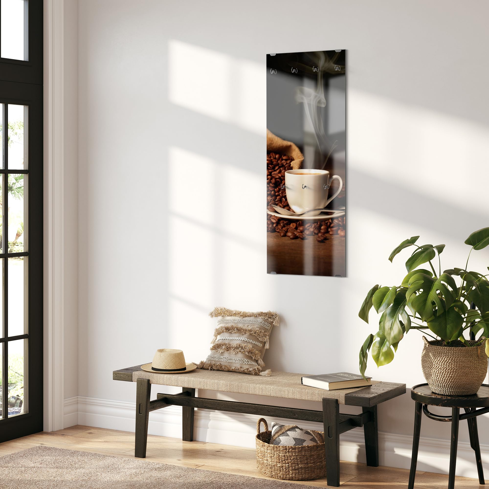 DEQORI Wieszak na ubrania ze szkła z nadrukiem motywu | wzór pionowy, 50 x 125 cm | motyw filiżanki do kawy z ziarnami | szkło bezpieczne ESG z 7 haczykami – możliwość pisania i łatwy montaż – łatwy w