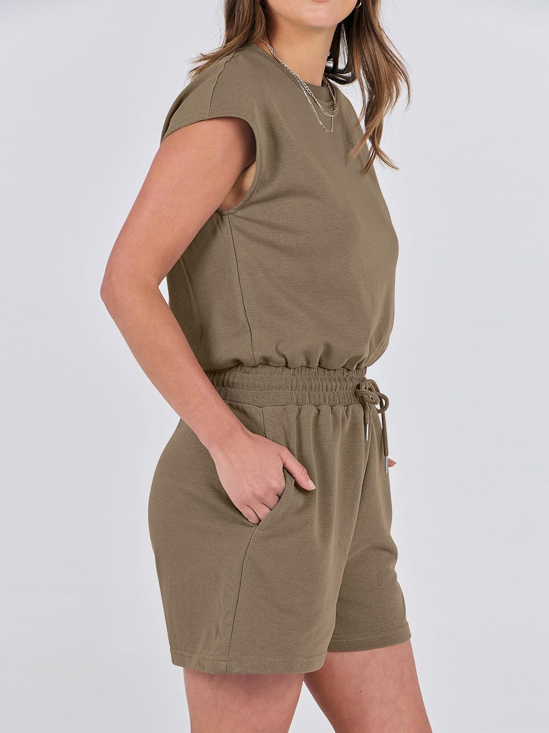 ANRABESS Rompers for Women Summer 2026 Casual Cap Sleeve Crewneck Drawstring One Piece Jumpsuit Outfits with Pockets - Image 3