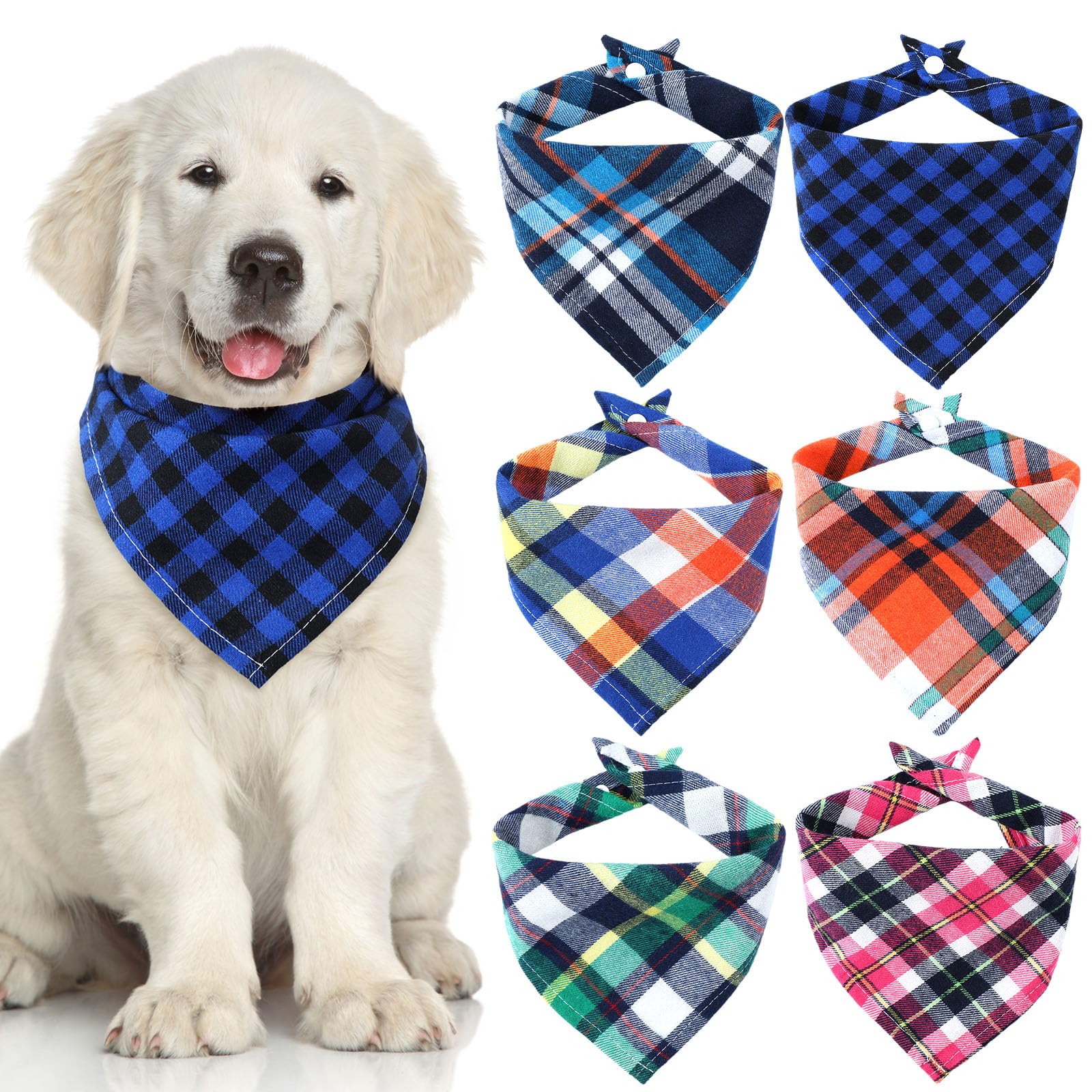 Honoson 6 Pieces Triangle Dog Bandana Dog Scarf Plaid Printing Adjustable Bibs Scarf Washable Square Kerchief Bandana Set for Small to Medium Puppy