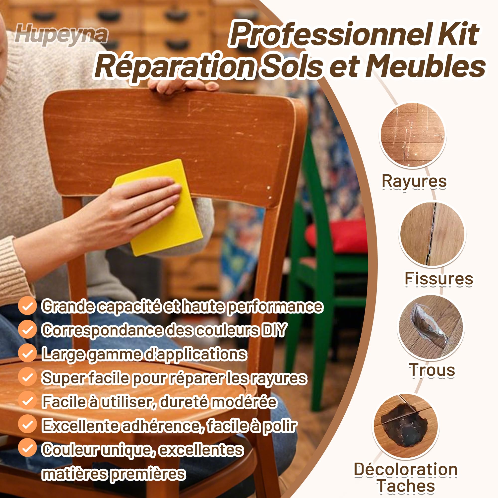 Kit Reparation Bois, Grande Capacité Kit Réparation Parquet, Mastic à Bois et Cire D'abeille Réparer Rayures, Fissures, Trous, Décoloration pour Portes Bois, Tables, Armoires, Sols Stratifiés, Lits