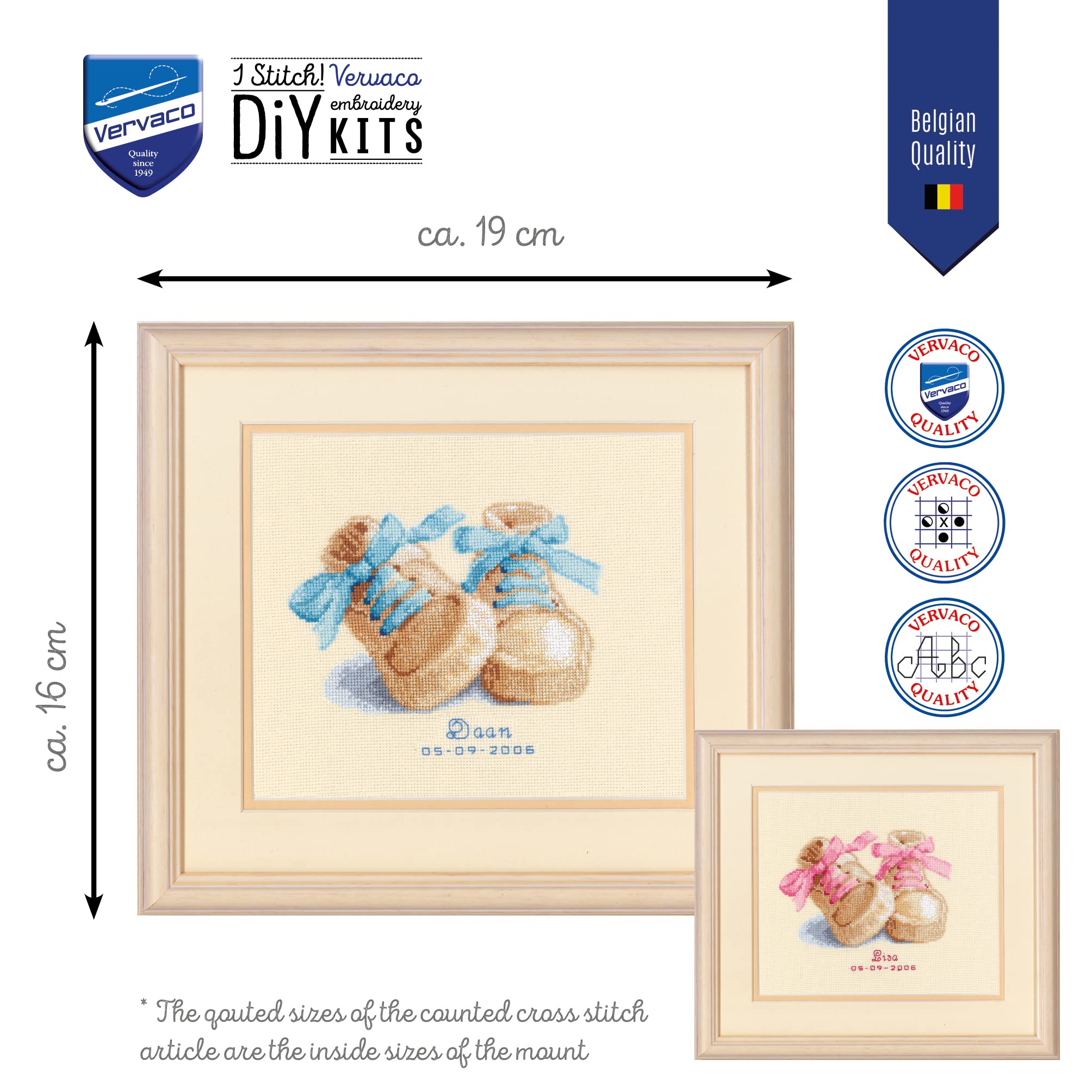 VERVACO Point De Croix Compté Kit DIY Cadeau Bebe Naissance Personnalisé CHAUSSURES À LACETS ROSE/BLEU Tableau Complet Kit De Broderie Loisir Créatif Maison Décoration Ca. 19 X 19 Cm Cross Stitch