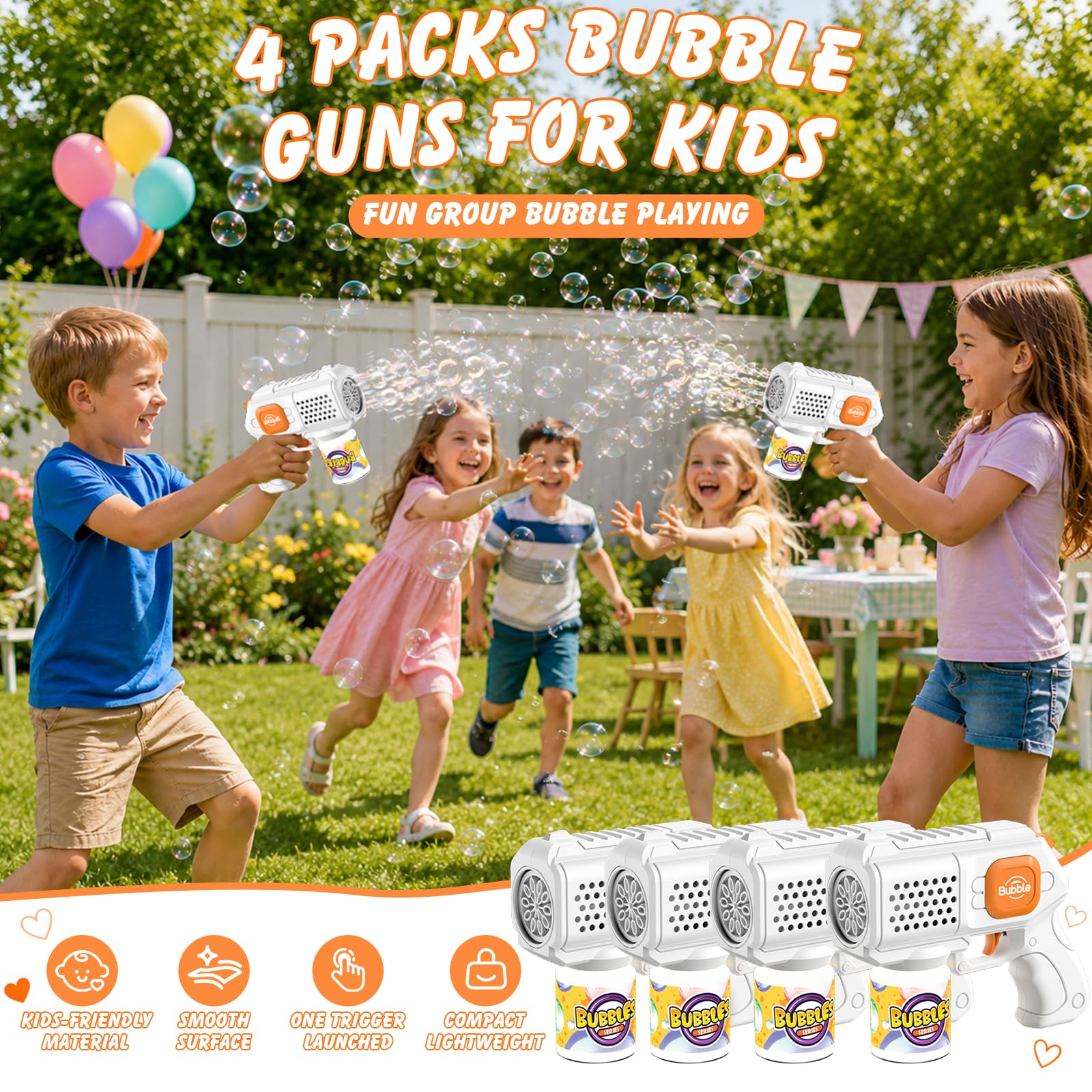 Pistola de burbujas para niños, 4 unidades, 10000 burbujas automáticas, con luz/10 agujeros/solución(4 frascos+10 recargas) para fiestas al aire libre regalo, color blanco