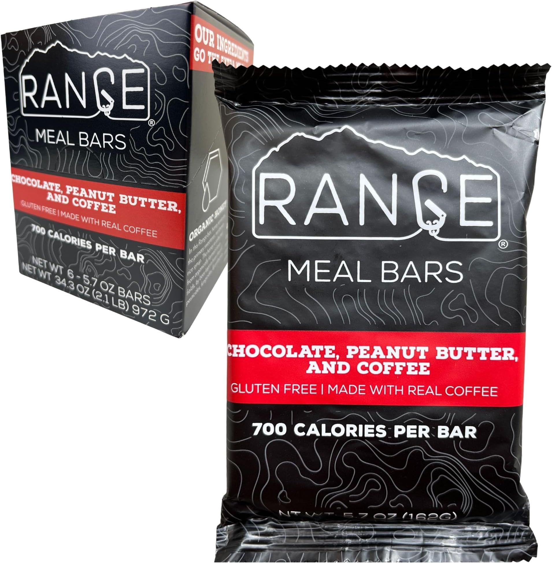 Range Meal Bar - High Calorie Meal Replacement Bars - Gluten Free Bars - Backpacking Meals - 6 Pack (Chocolate, Peanut Butter and Coffee)