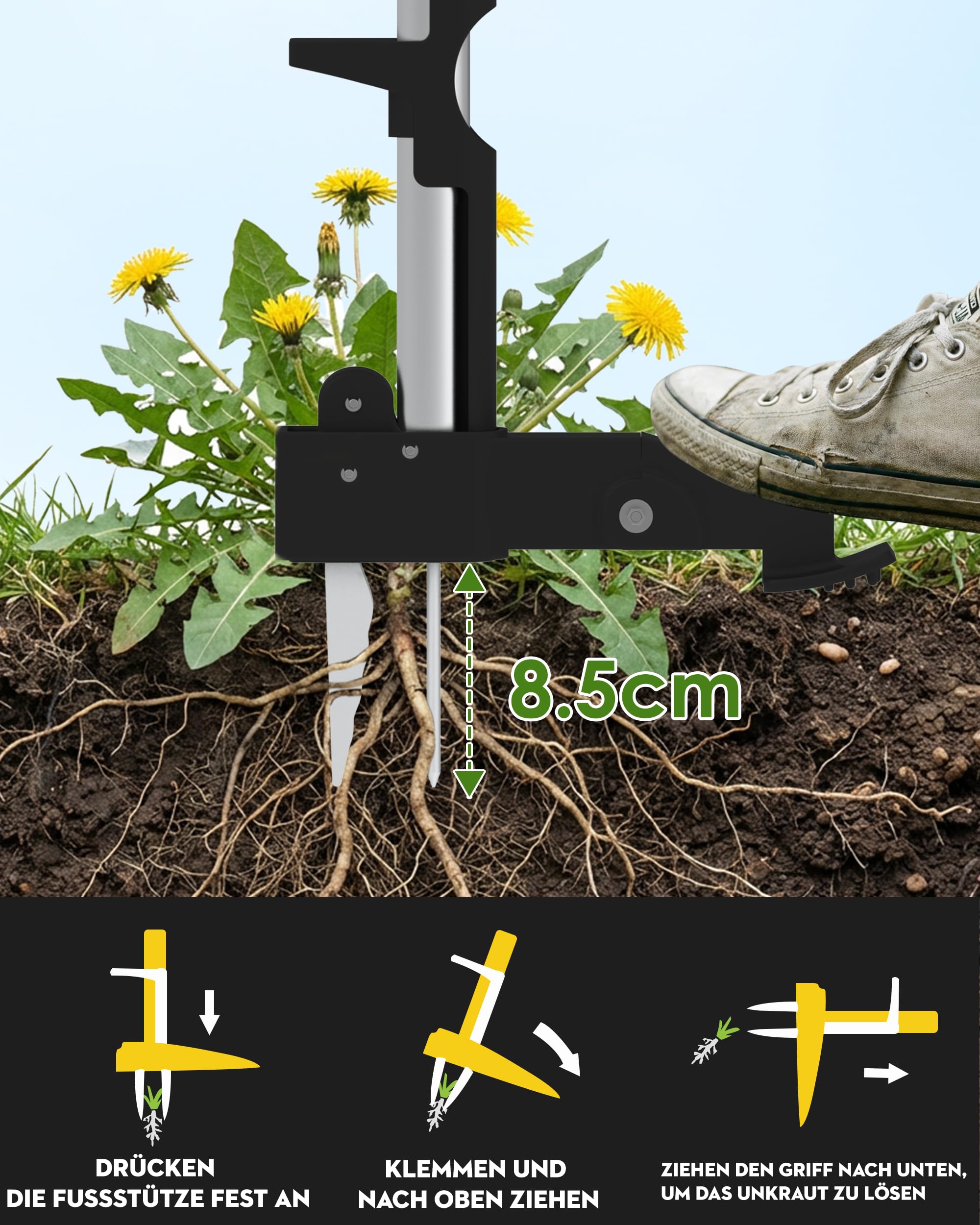 Unkrautjäter mit Stiel, Unkrautstecher Edelstahl, Löwenzahnstecher & Unkrautzieher, Unkraut Entferner Gerät, Garten Unkraut Werkzeug, Unkraut Jäten Werkzeug,105cm, 4 Zinken, L-Griff, Auswurf, Gelb