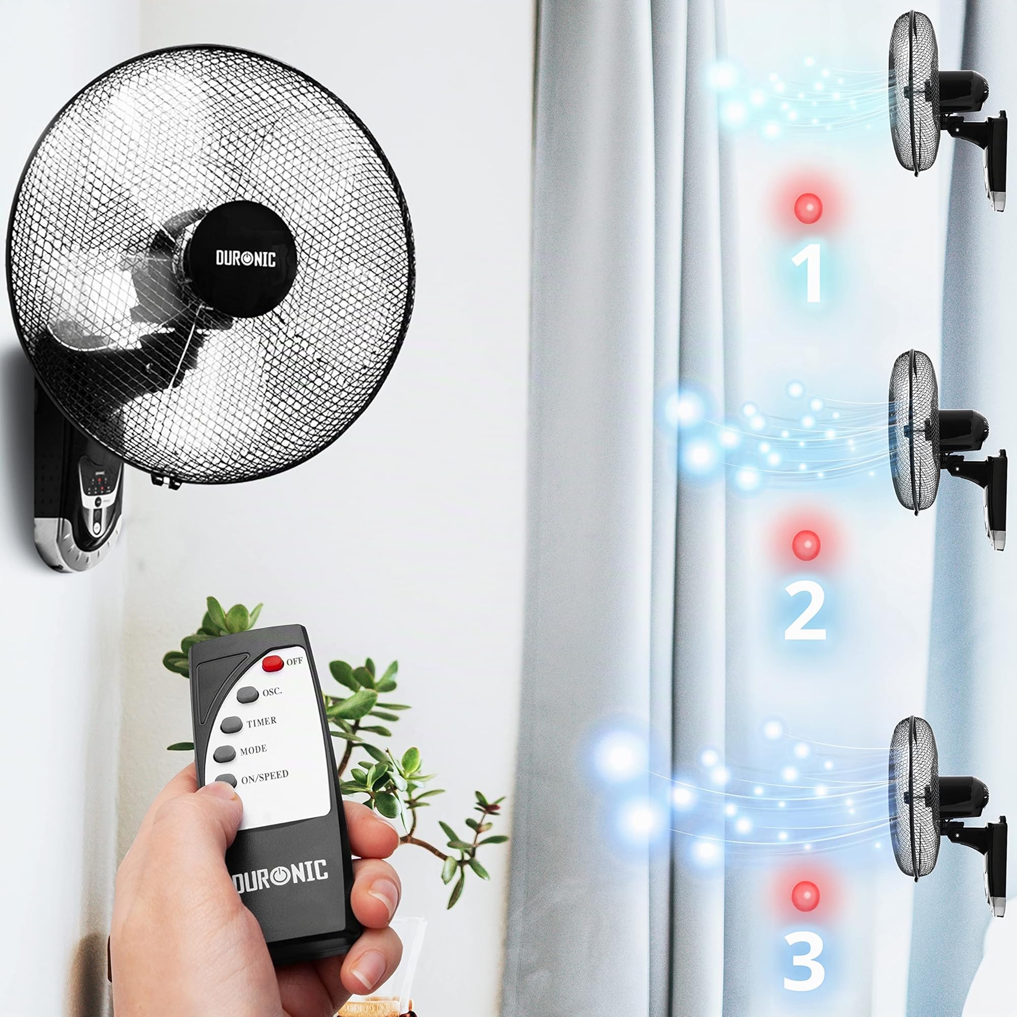 Duronic FN55 BK Ventilateur mural 60W | 5 Pâles de 40cm | Tête oscillante avec minuteur | 3 Vitesses | Télécommande | Moteur puissant et silencieux | Support mural coulissant démontable à la volée